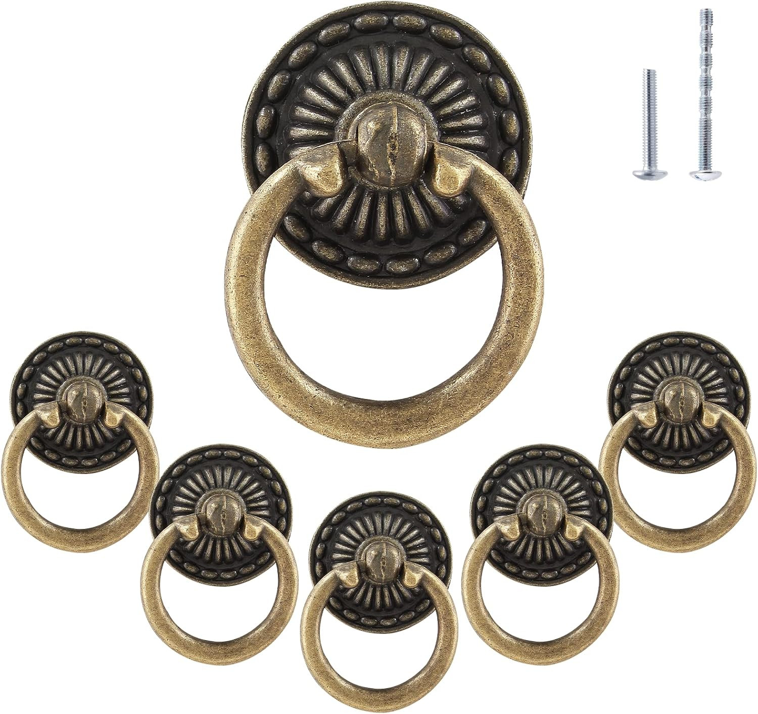 6Pcs Vintage Bronze Drop Ring Knobs, Antique Drawer Pull Round Handle Style 1