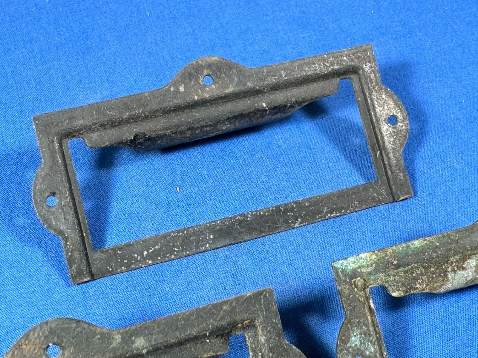 Vintage Japanned Drawer Pulls & Label Holder Plate Library , Apothecary Cabinet