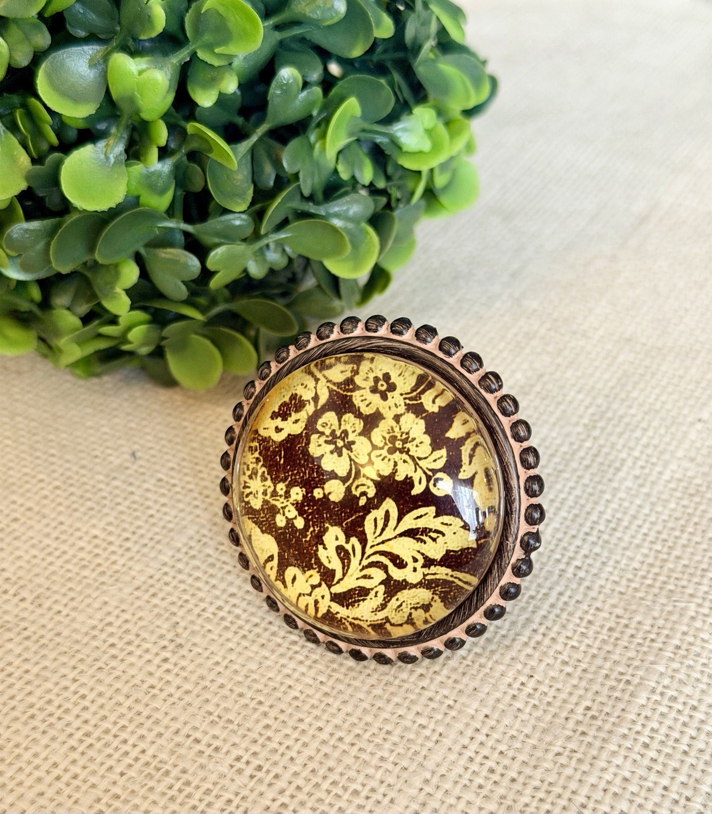 Large Floral Cast Iron Distressed Cream Brown Knobs Glass Floral Leaf Knobs Pull