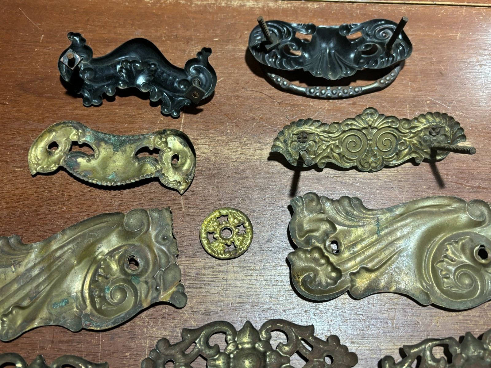 Lot of 9 Mixed Ornate Vintage Pressed Metal Drawer Backplates one with Pull