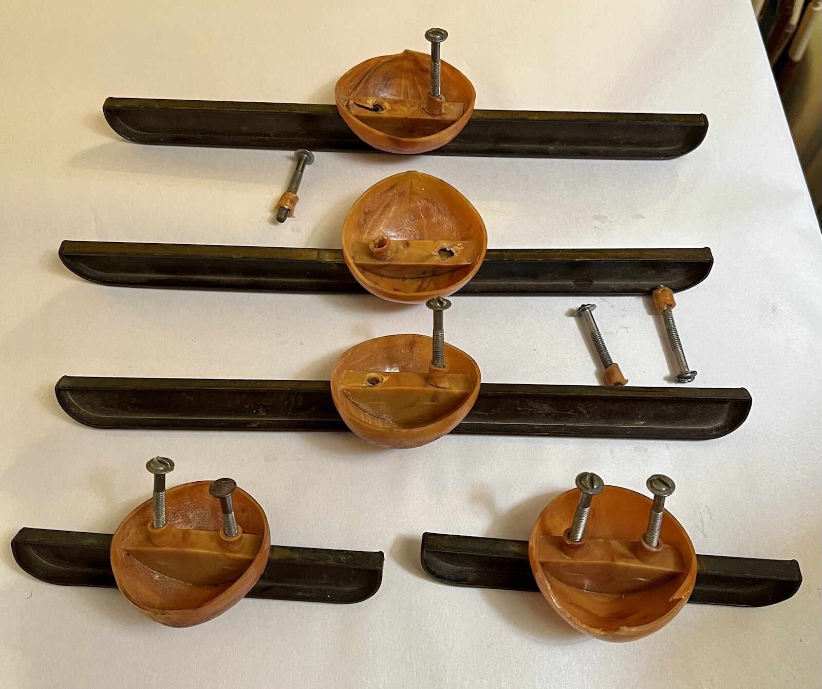 6 Rare Mid Century Modern/Retro Cabinet Drawer Pull Set, Copper And Bakelite?