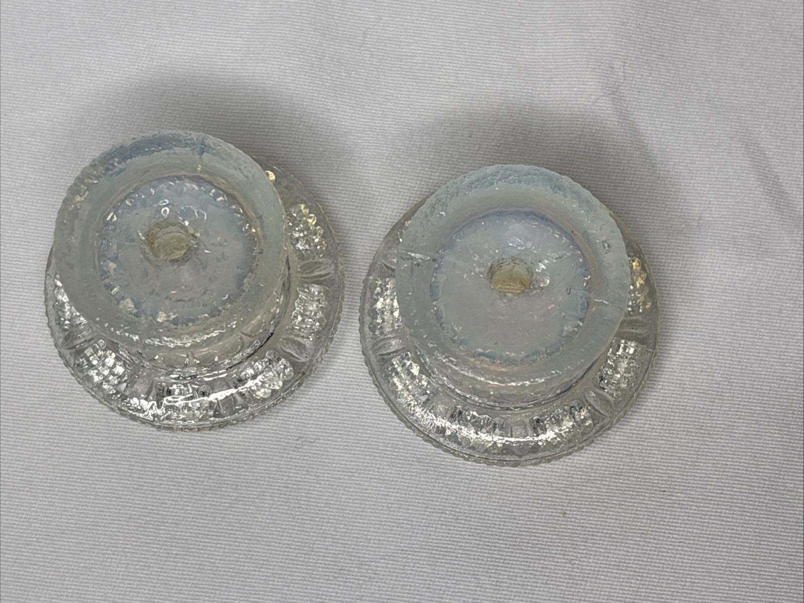 2 Antique Boston Sandwich Glass Floral Clam Broth Drawer Pulls 2” Iridescent