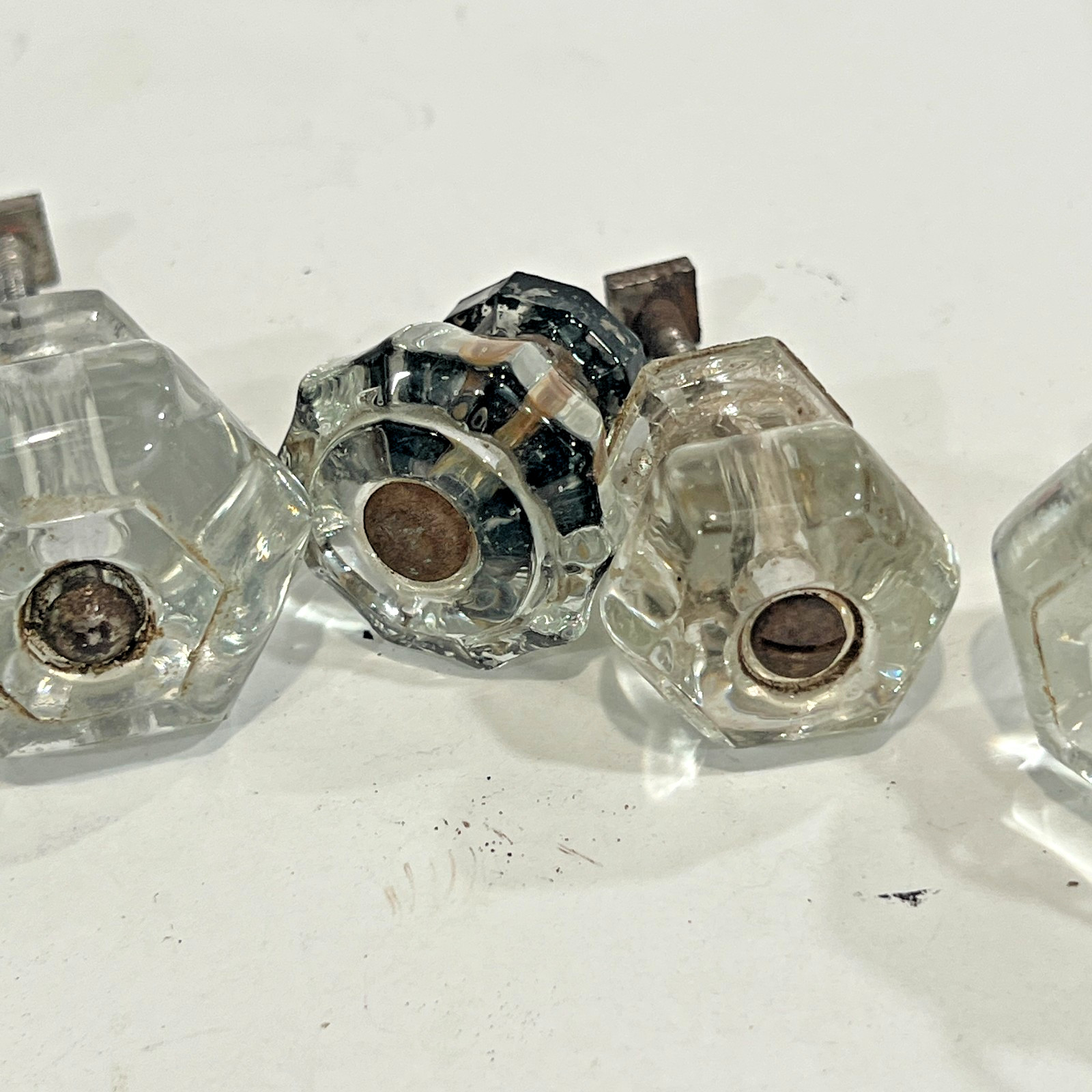 Vintage Lot of 6 Depression Glass Hexagon Pressed Glass Knobs Cabinet Draw Pulls