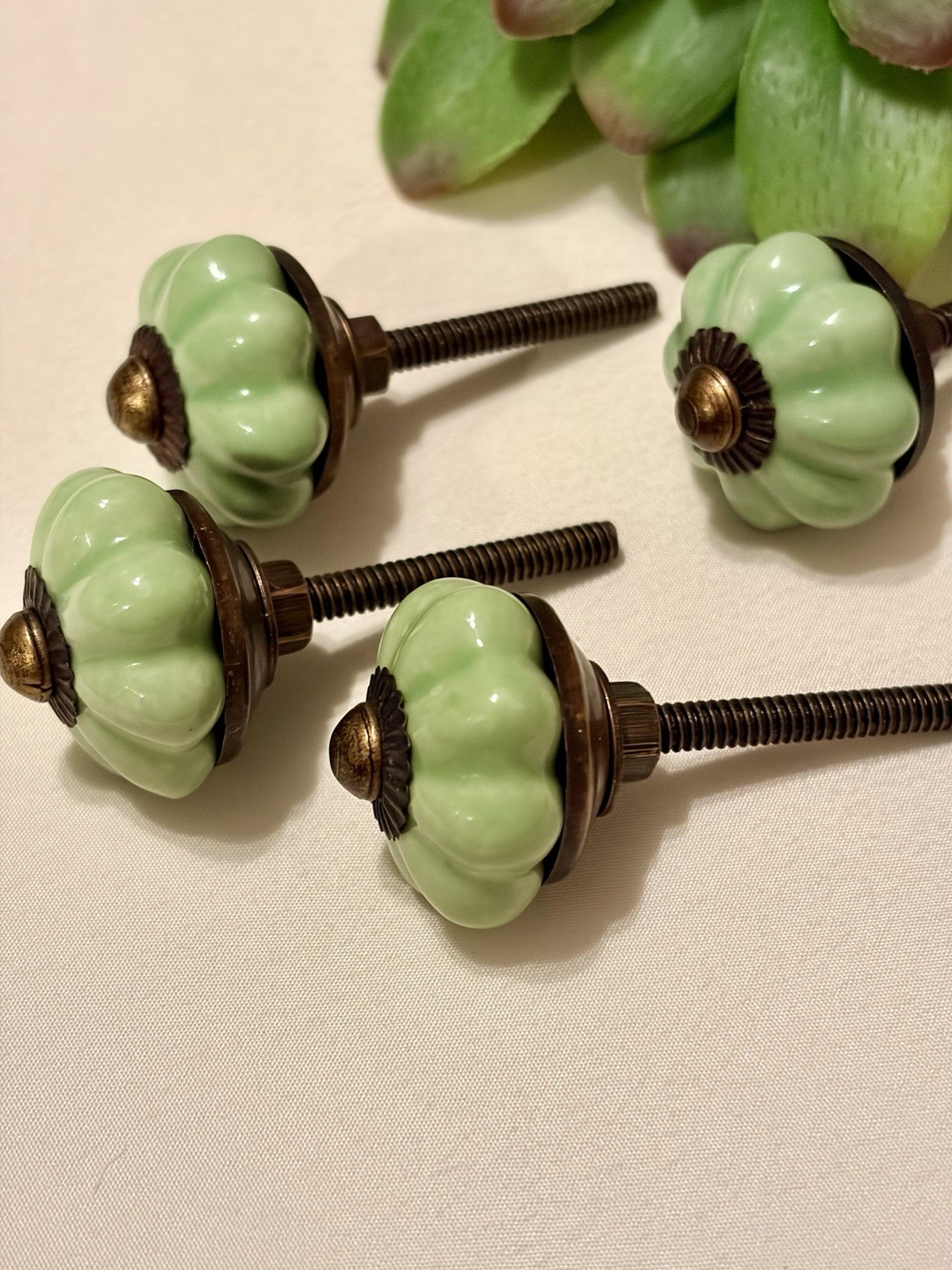 4 Antique Ceramic Drawer Pulls Green Flower Door Kitchen Cabinet Knob