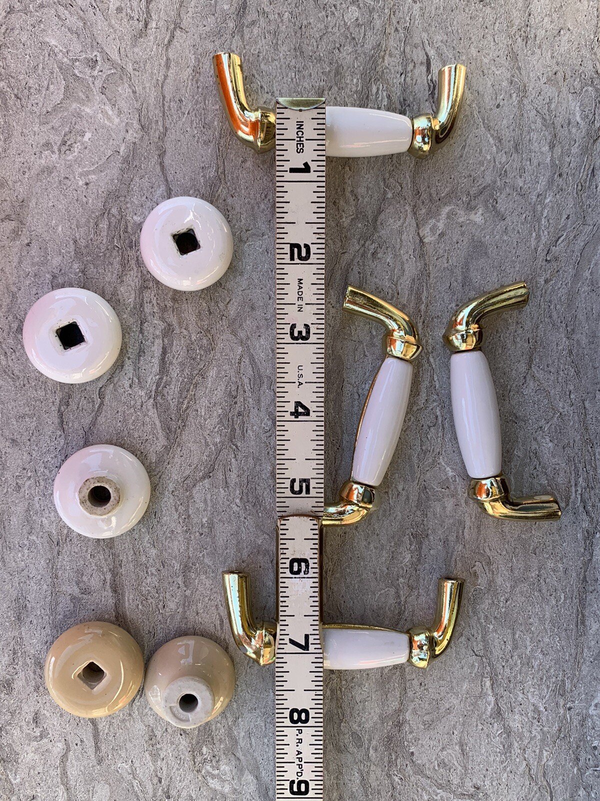 PORCELAIN HANDLES PULLS 4 Brass Handles 5 Pulls LOT OF 9 Mixed White Beige