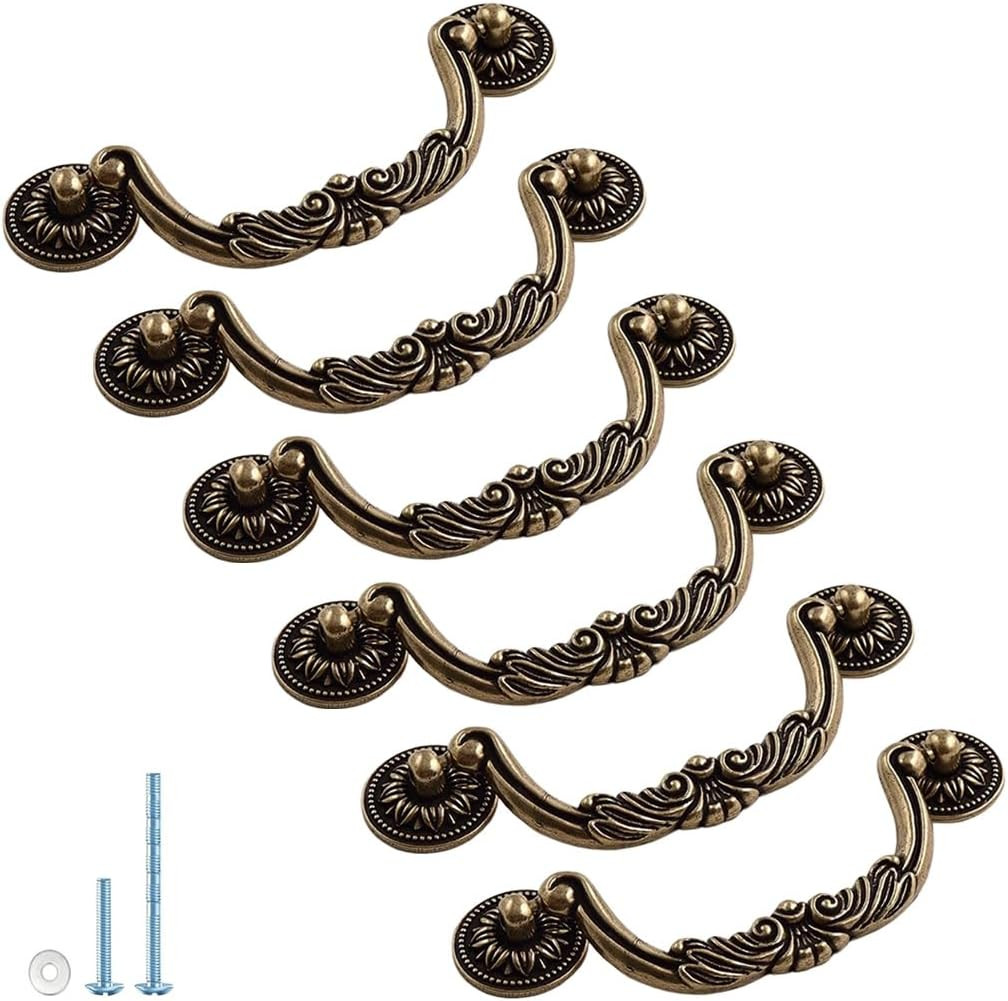 6PCS Antique Bronze Drop Bail Pulls,Vintage Carved Cabinet Pulls Handles,3.8″…