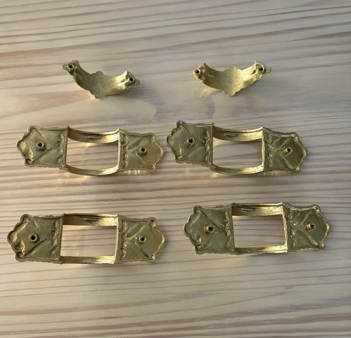 6 Art Deco Drawer Pulls Pot Metal Gold Paint Orange Plastic Inserts Large VTG