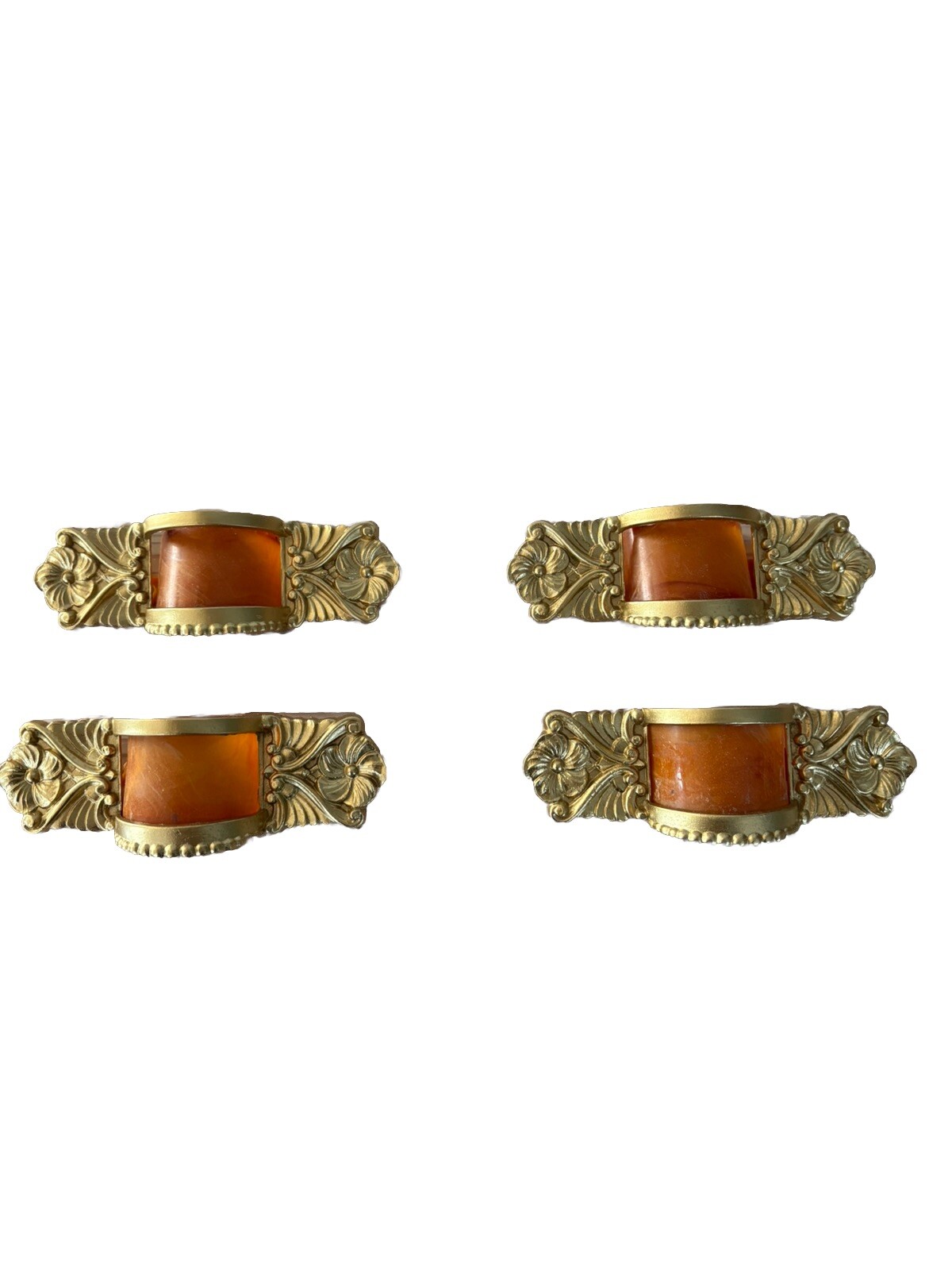 6 Art Deco Drawer Pulls Pot Metal Gold Paint Orange Plastic Inserts Large VTG