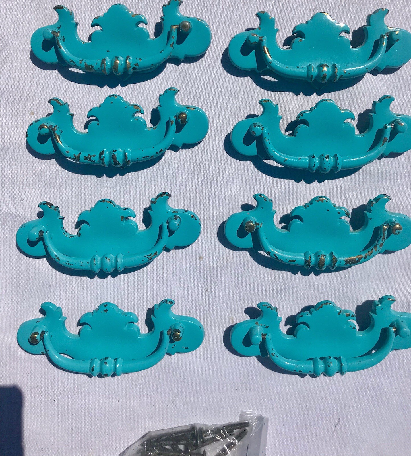 Vtg Turquoise Blue Dresser Desk Cabinet Drawer Pulls 5.5” Set 8 Cottage Western