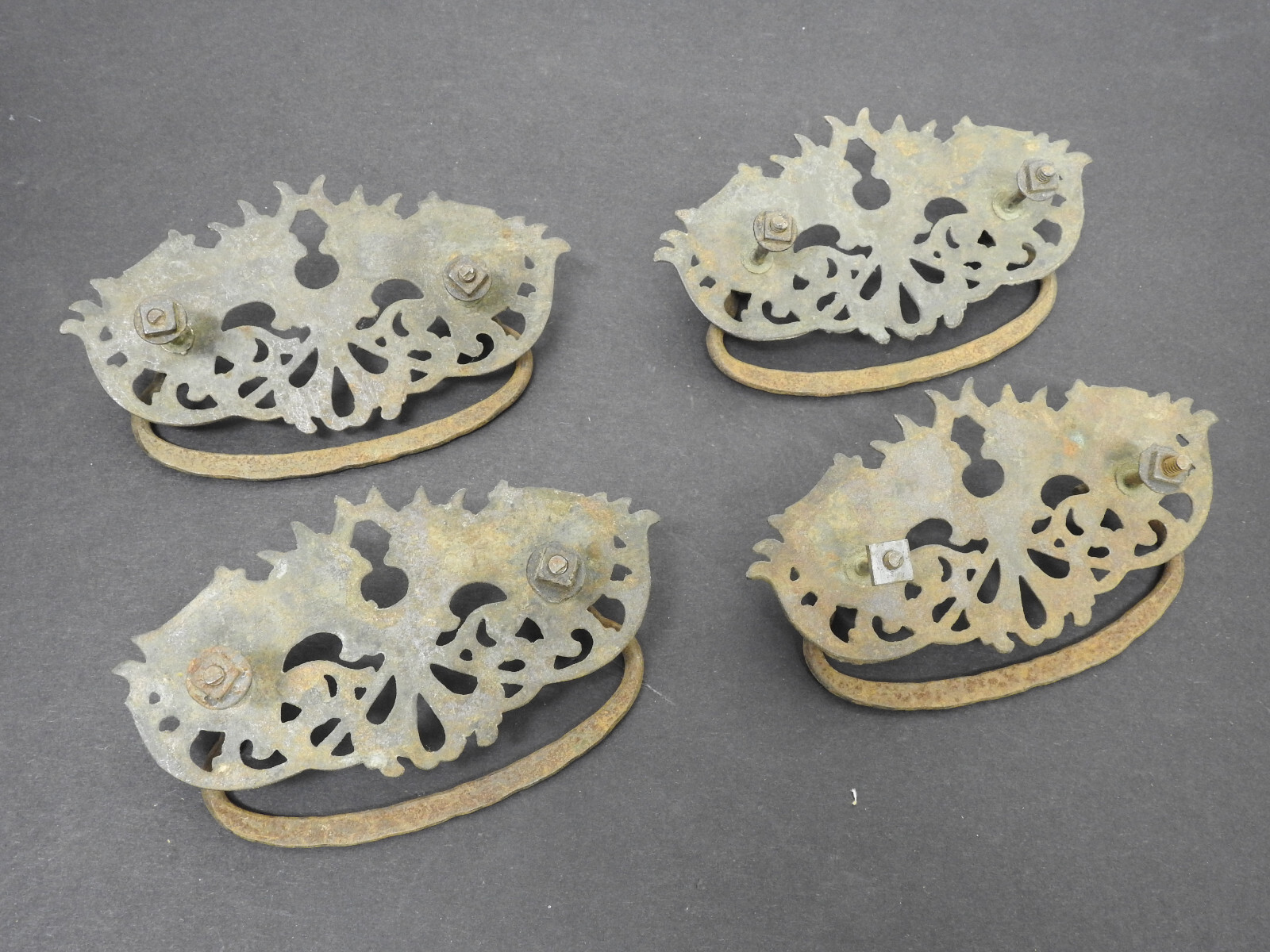 (4) Ornate Antique Cast Iron Drawer Pulls 5″w Bail Drop Handle Copper Flashed