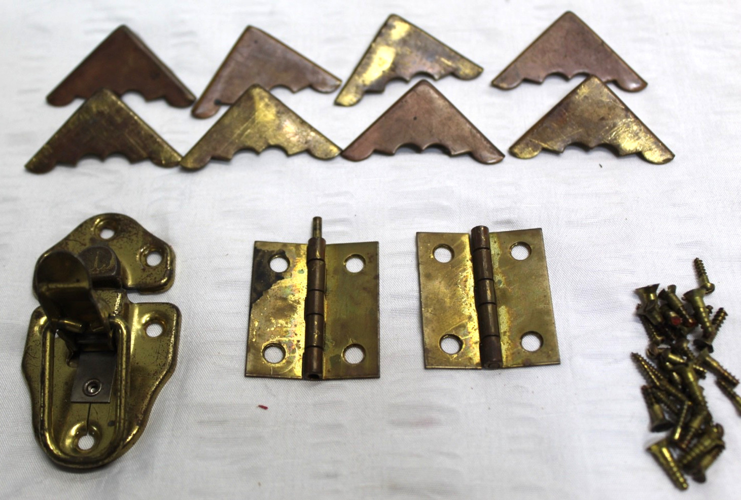 LOT OF Vintage Brass & Steel Jewelry Box Parts Corner Protectors Hinges Screws