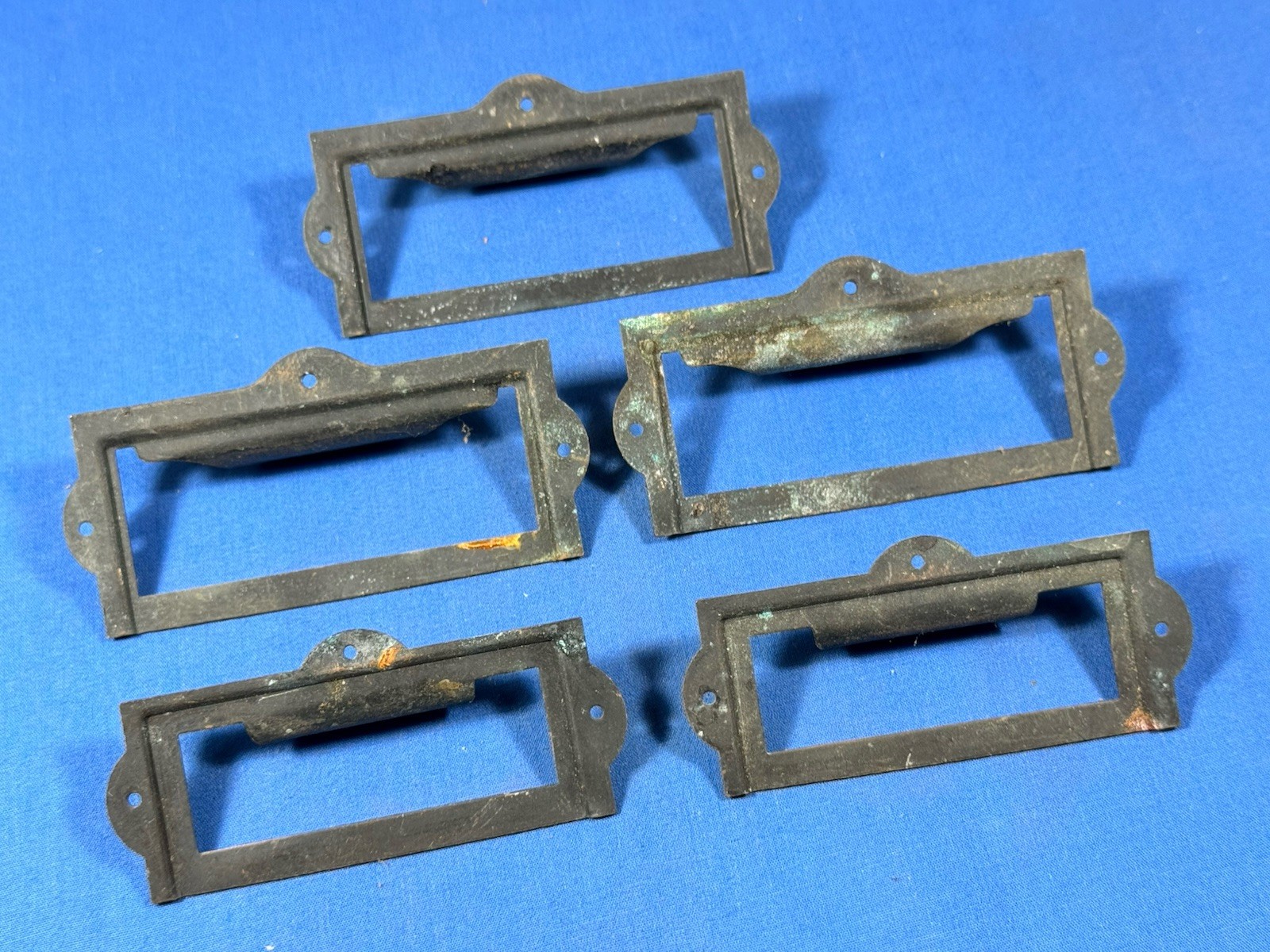 Vintage Japanned Drawer Pulls & Label Holder Plate Library , Apothecary Cabinet