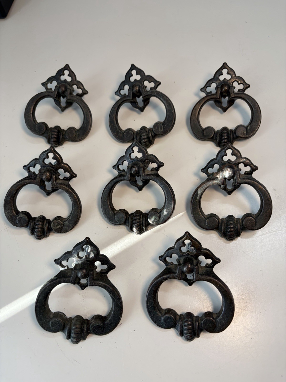 Antique/Vintage Metal Furniture Drawer Pulls Lot of 8 With Metal Plates, Screws