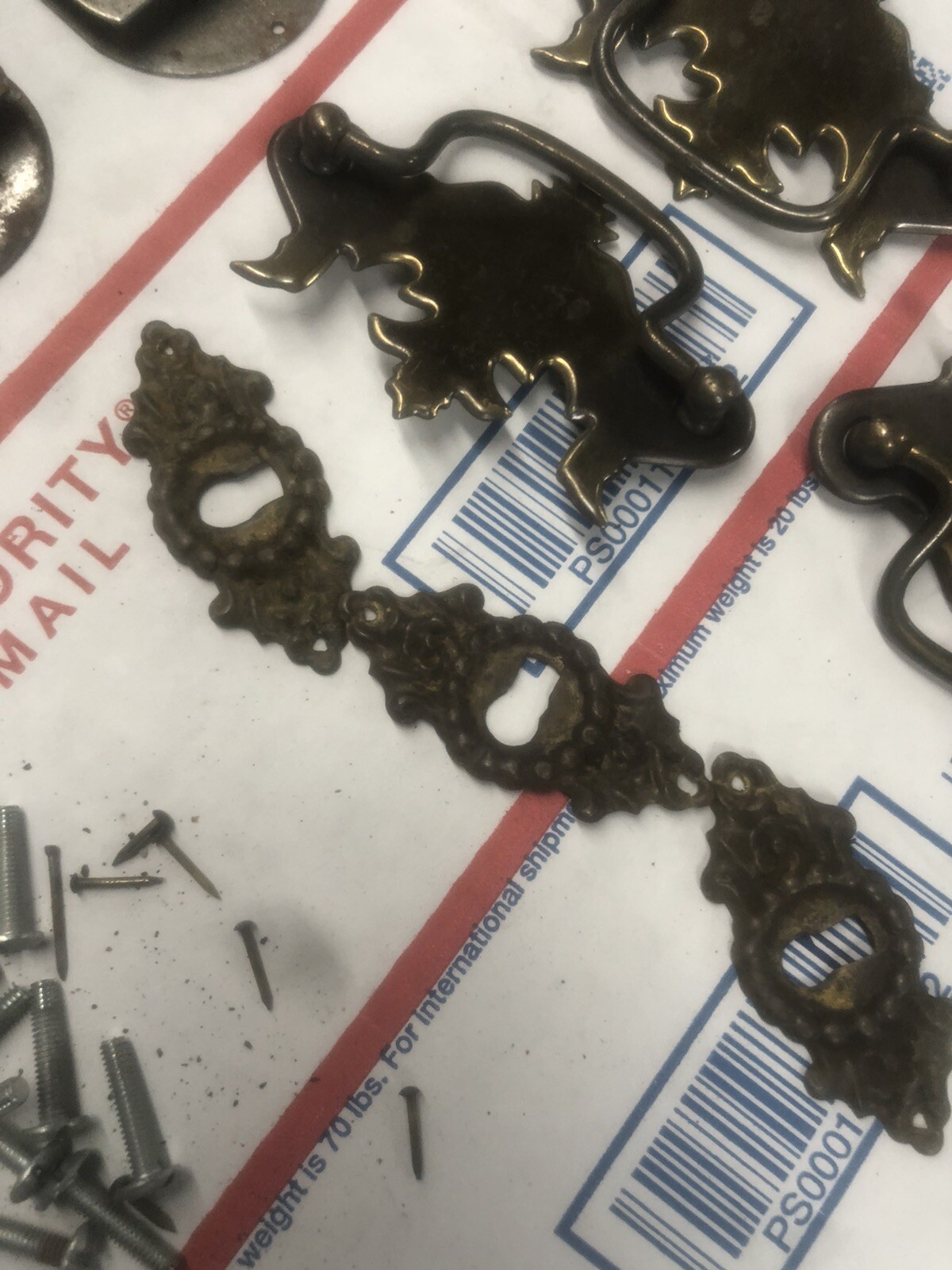 6 antique vintage brass drawer pulls/handles & 3 Drawer Locks No Key