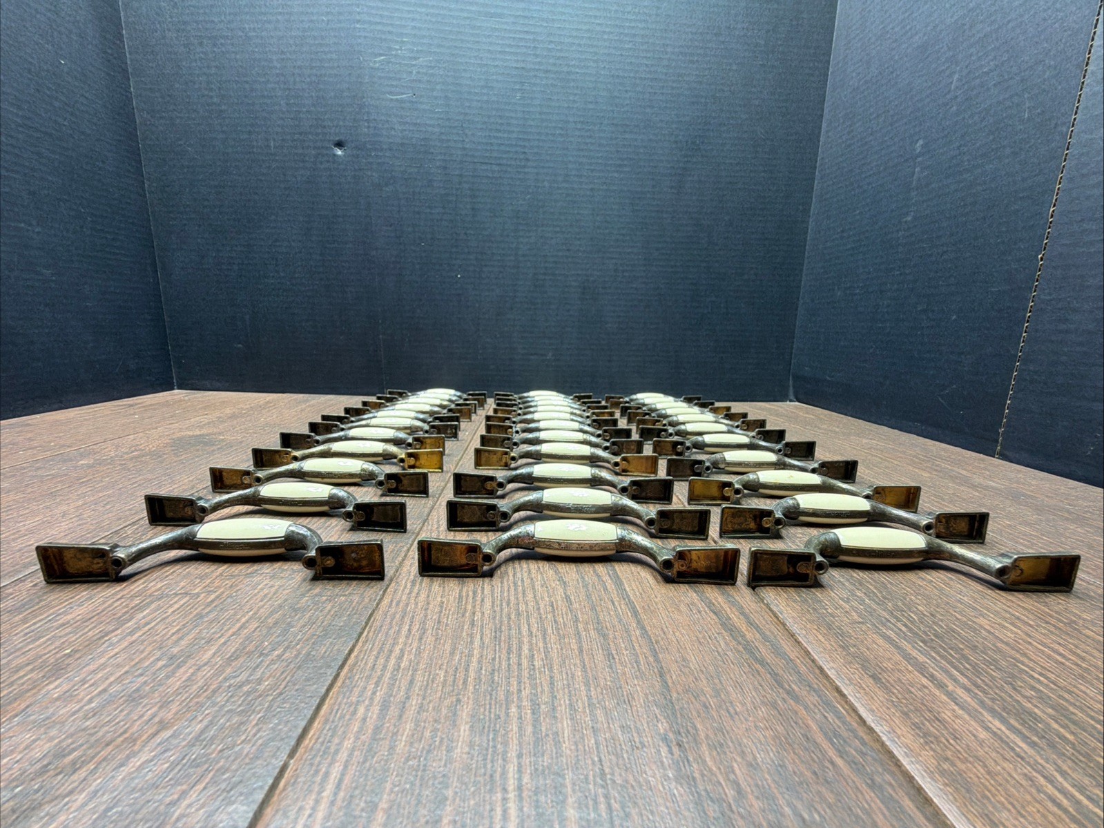 33 Allison Vintage Brass White Porcelain Cabinet Pulls Drawer Handles 5 1/4″