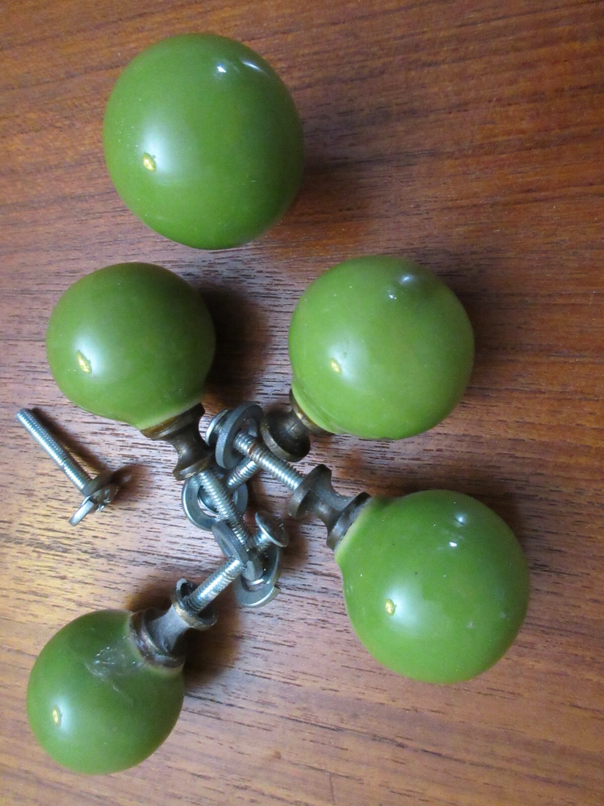Vintage Retro MCM 5 each 1 1/4″ Round Ceramic Green Ball door drawer knobs