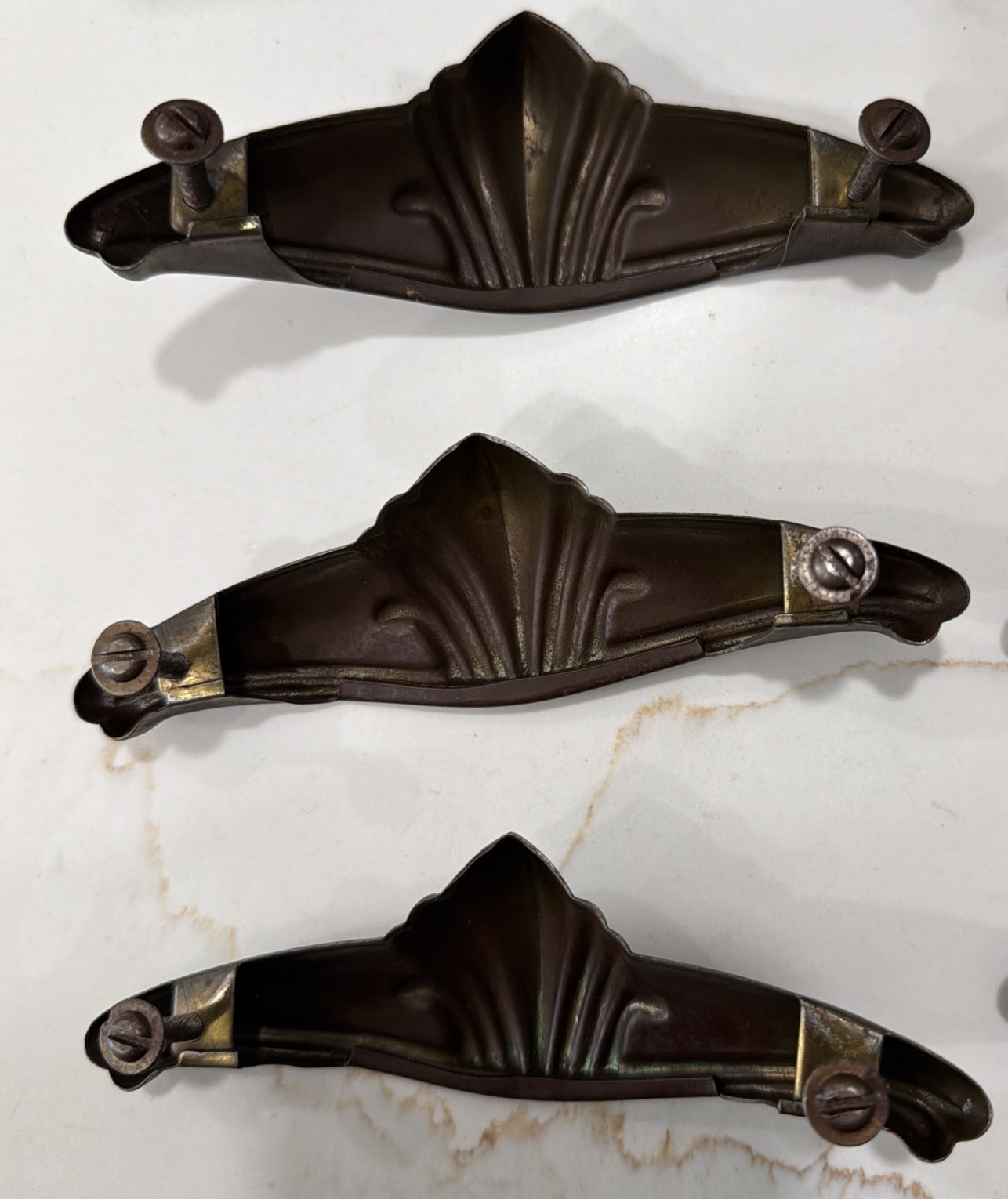 Set of 6 Vintage Art Deco Drawer Pull Handles Copper/Bronze Tone Stamped Steel