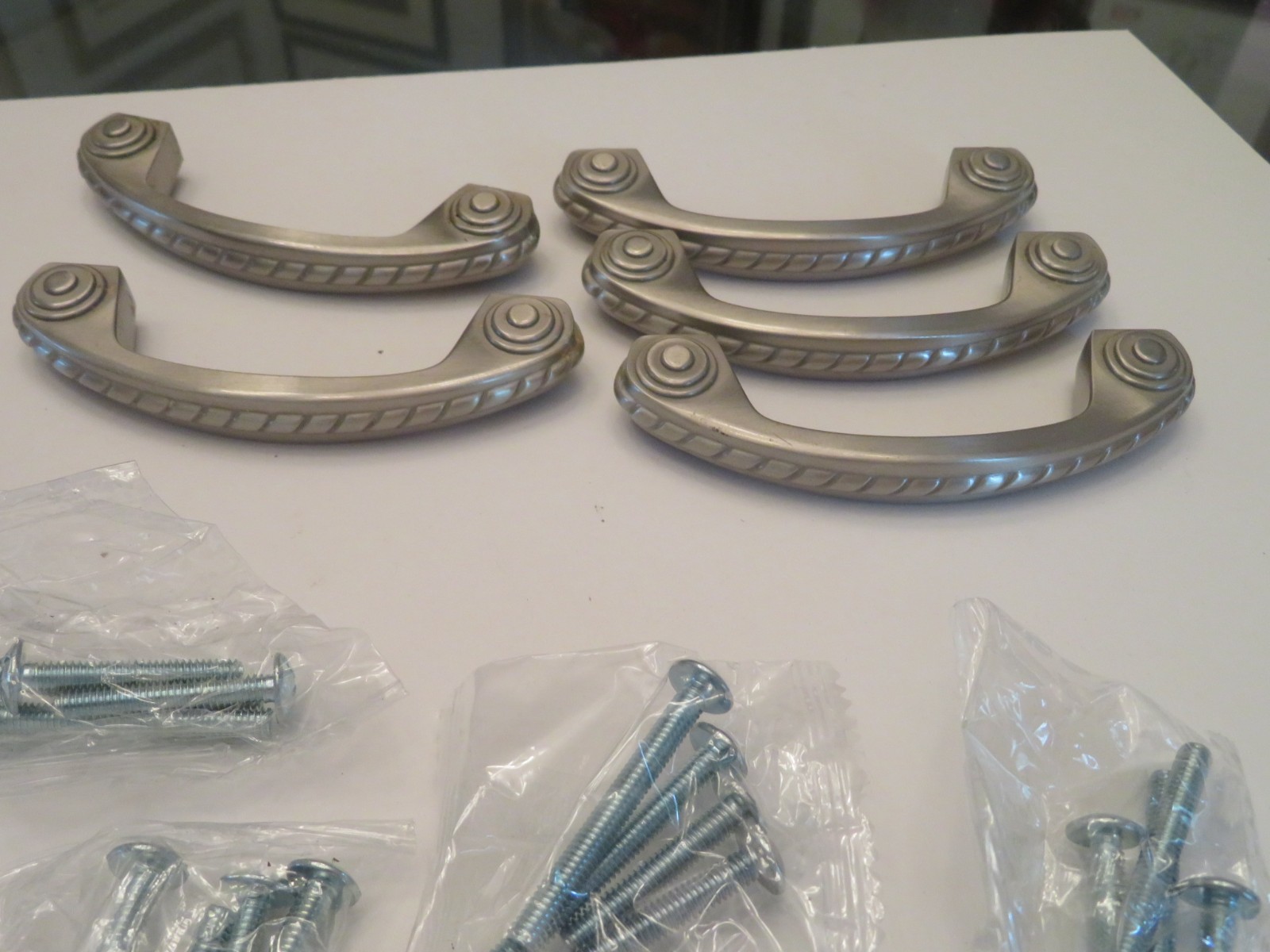 (5) Satin Nicke Cabinet/Drawer Hardware Satin Nickel Handle Pulls + Hardware