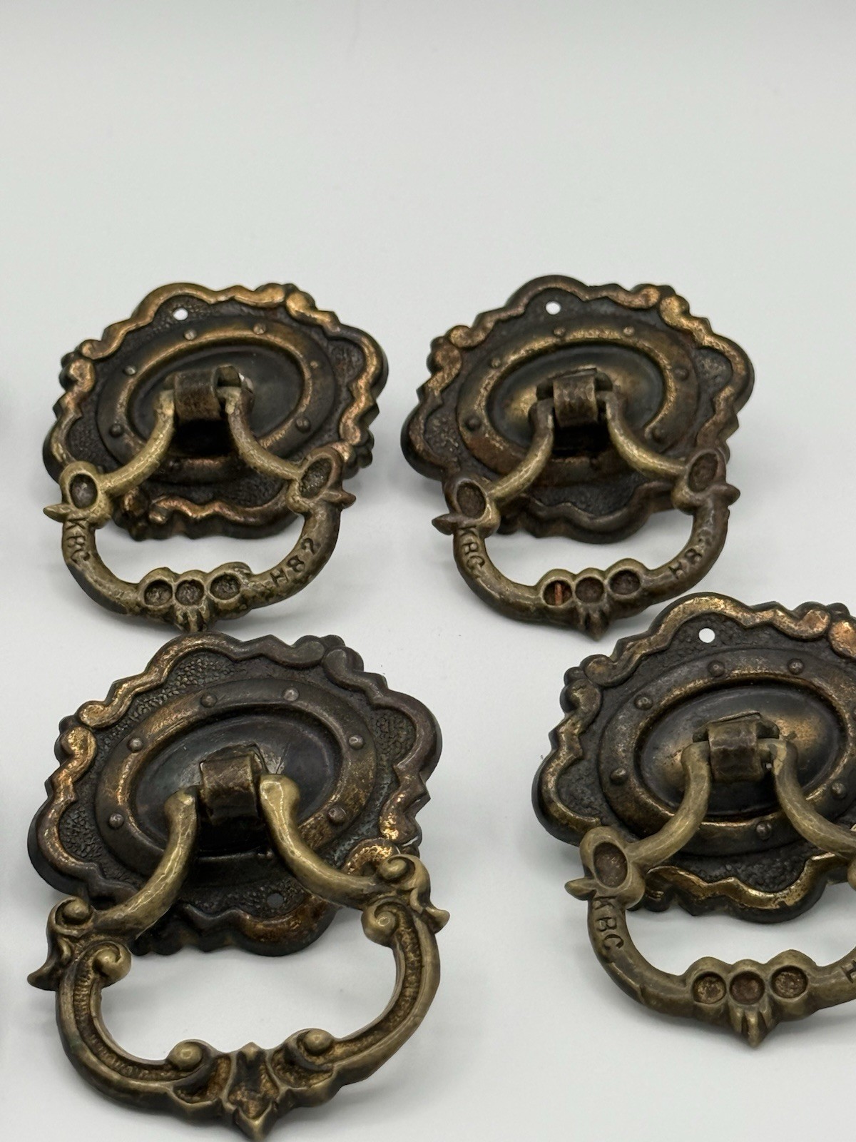 Lot of 8 Ornate Brass Tone Bail Drawer Pulls w/ Backplates, Metal, Rusted