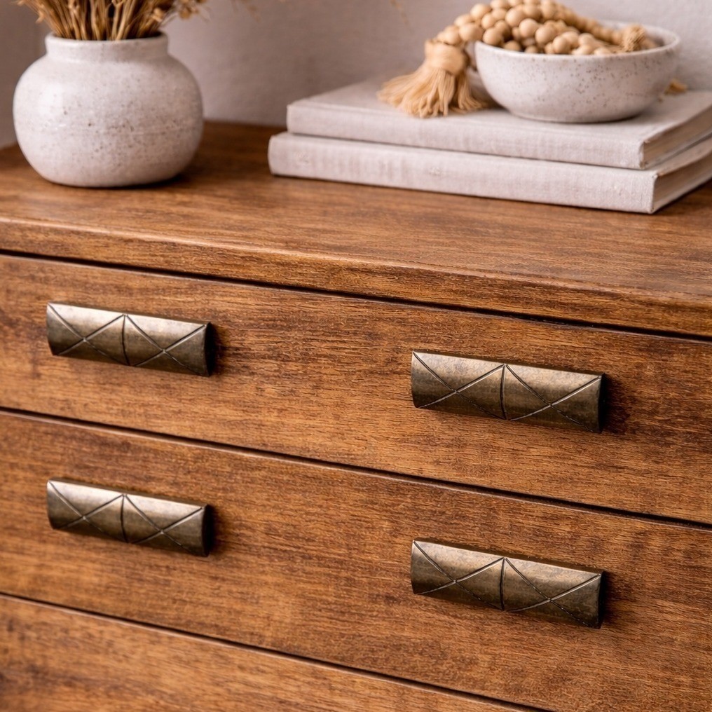 Vintage Brass Geometric Diamond Drawer Pulls Set of 5 MCM Cabinet Handles 3.5in