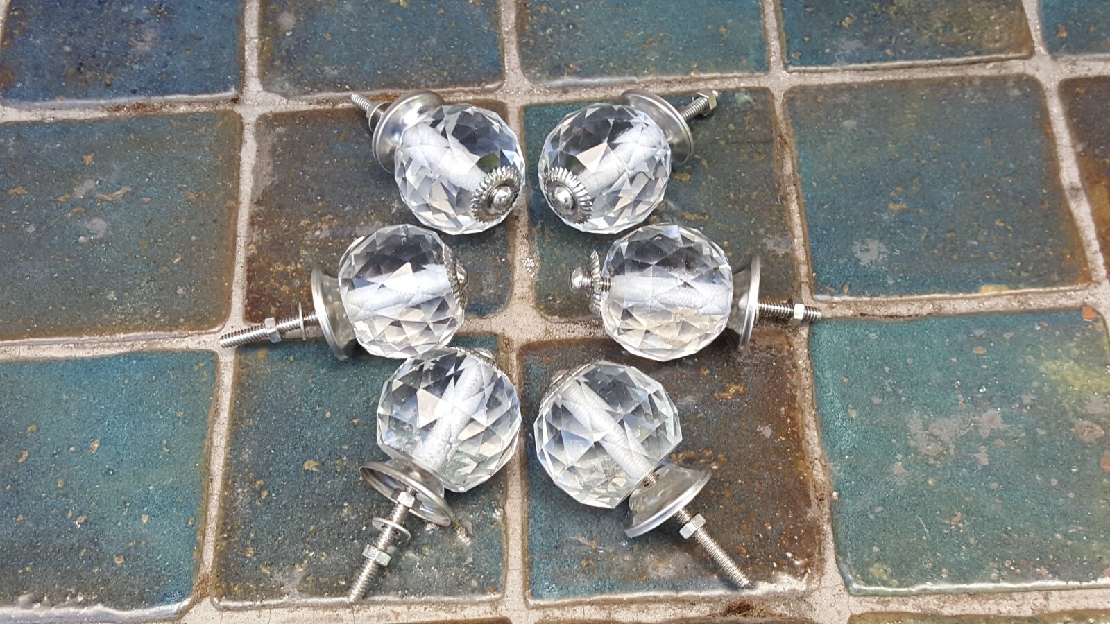 6 FACETED CUT GLASS DRAWER PULLS CLEAR MATCHING LARGE 1 3/4″ WIDE BALL