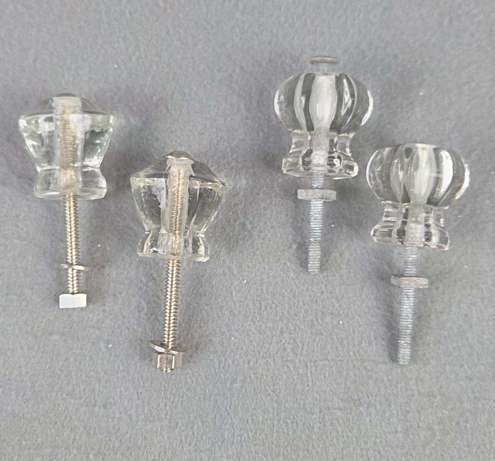 4 Vintage Clear Glass Drawer Pull Knobs Unmatched Sets 2 Hexagonal & 2 Decagonal