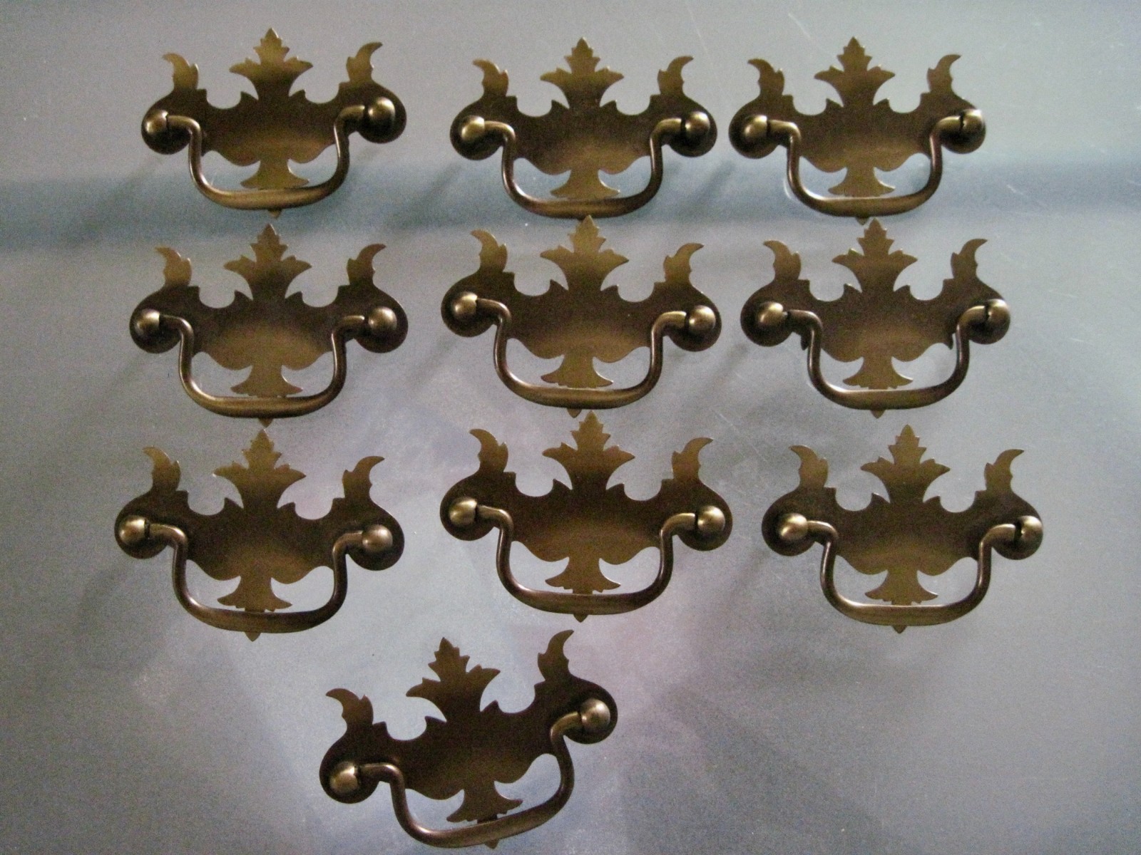 Vintage Brass Drawer Handles Hardware 3” Centers Set of 10 Batwing Chippendale