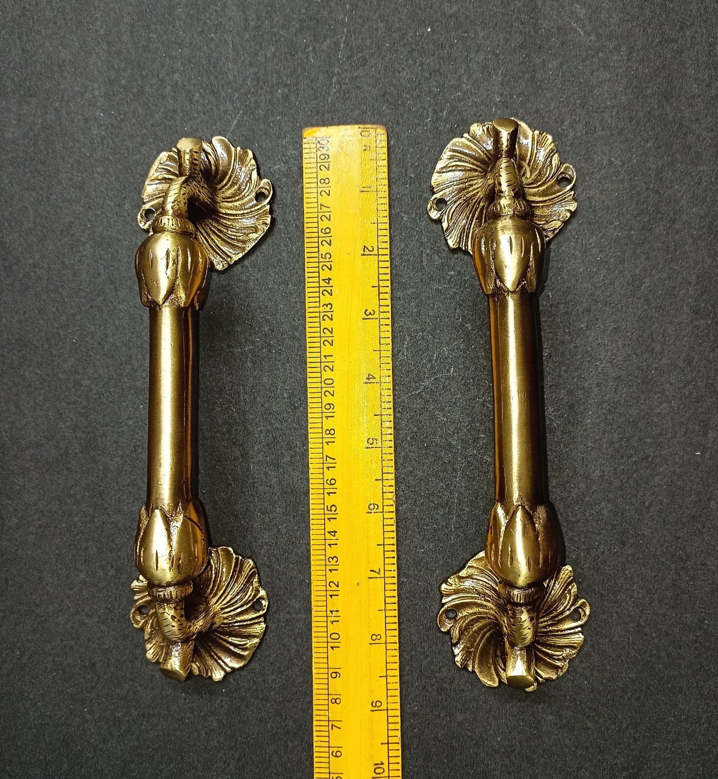 Lacquered Brass Flower Base Door Pull Floral with Twigs Design Handle Pair GTX