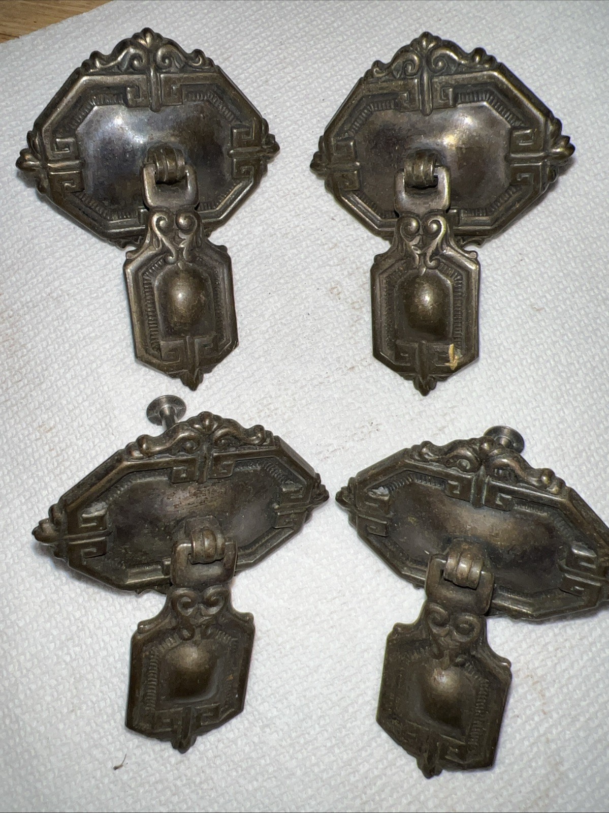 4 VTG Brass Drawer Pulls Set Greek Key Art Deco Revival Cabinet Hardware