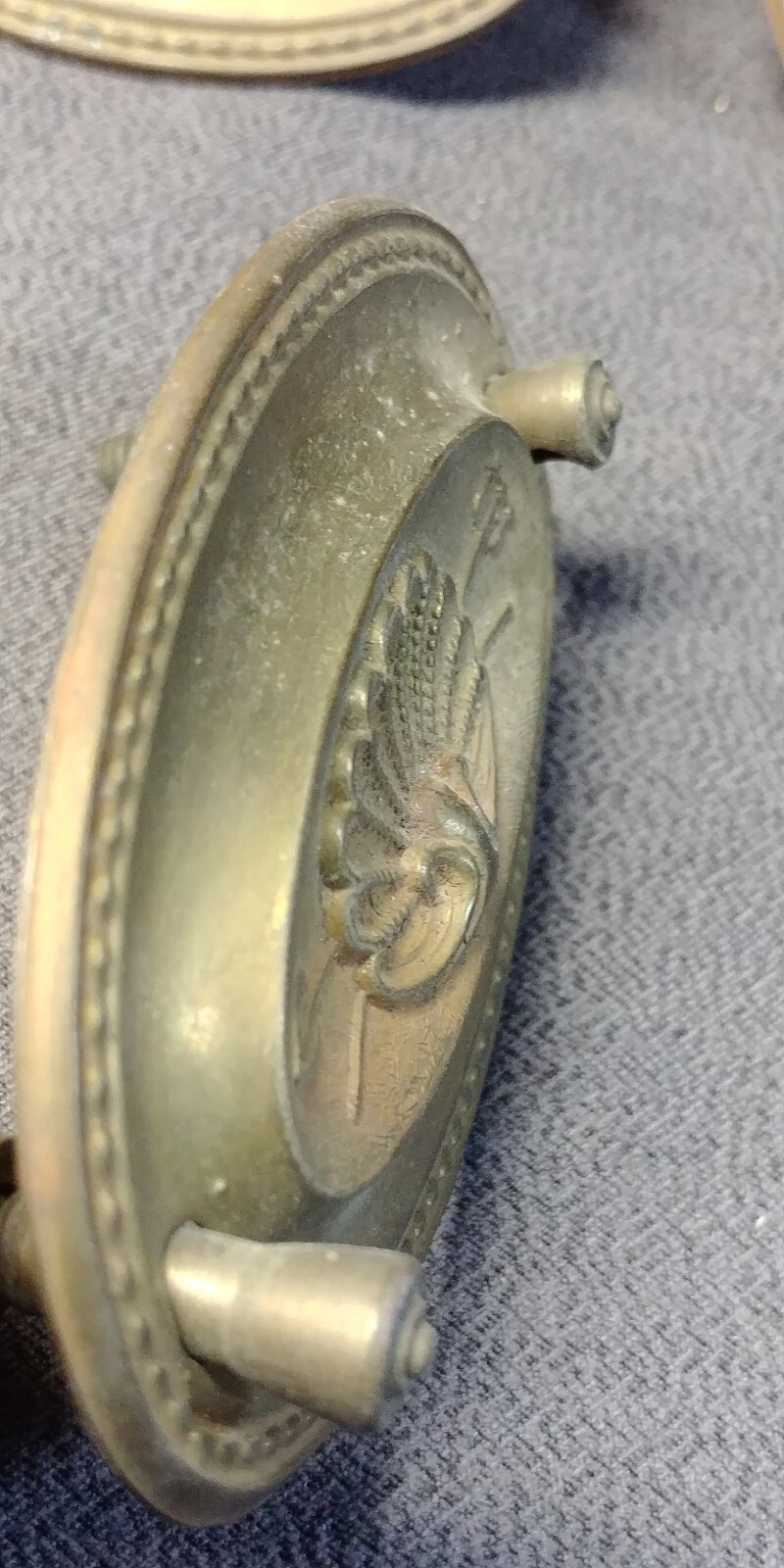 4 Brass Furniture Drawer Pull Back Plate Crossed Trident Clam Shell Bail Antique