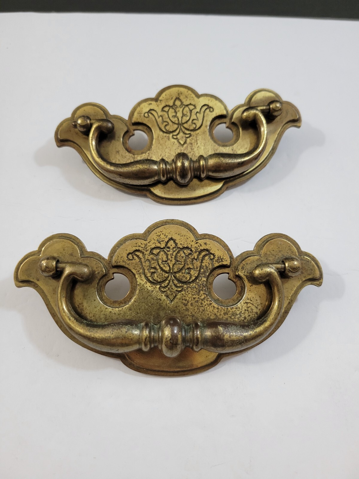 2 Keeler Brass Chippendale Style Brass Bail Drop Drawer Pulls Patina Worn As Is