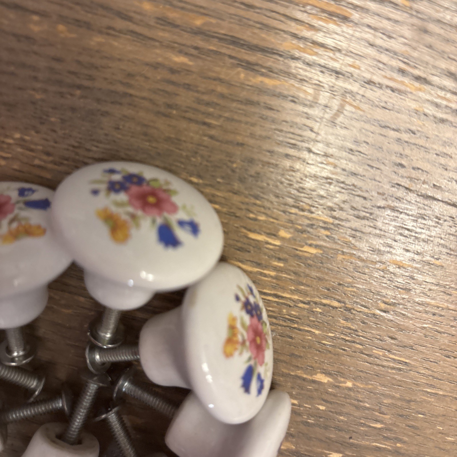 Vintage Porcelain Pulls /Knobs, White Painted Floral Design Lot of 8 with screws
