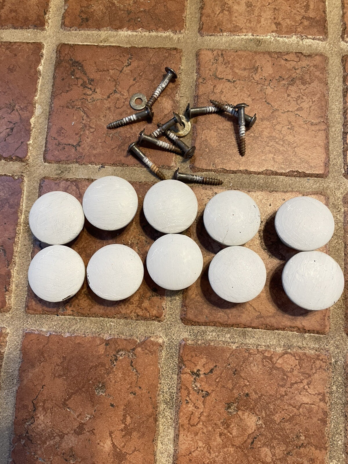 VIntage LOT of 10 Painted White Wood Cabinet Mushroom Knobs Drawer Pulls 1 1/2”