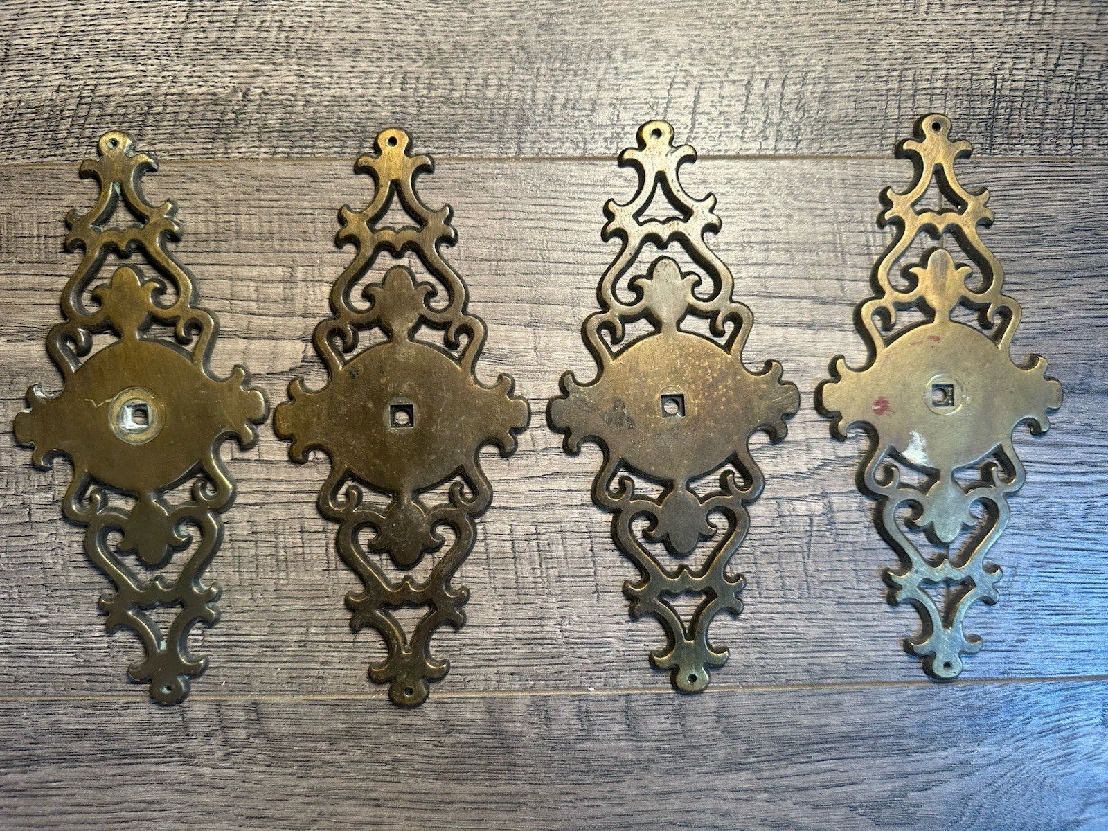 4-VINTAGE Amerock DRAWER PULLS Back Plate Brass Holes Scrolls Open Work