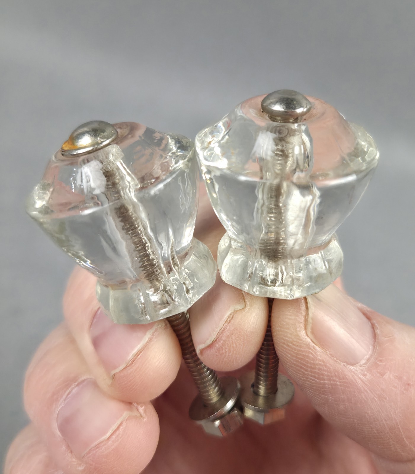 4 Vintage Clear Glass Drawer Pull Knobs Unmatched Sets 2 Hexagonal & 2 Decagonal