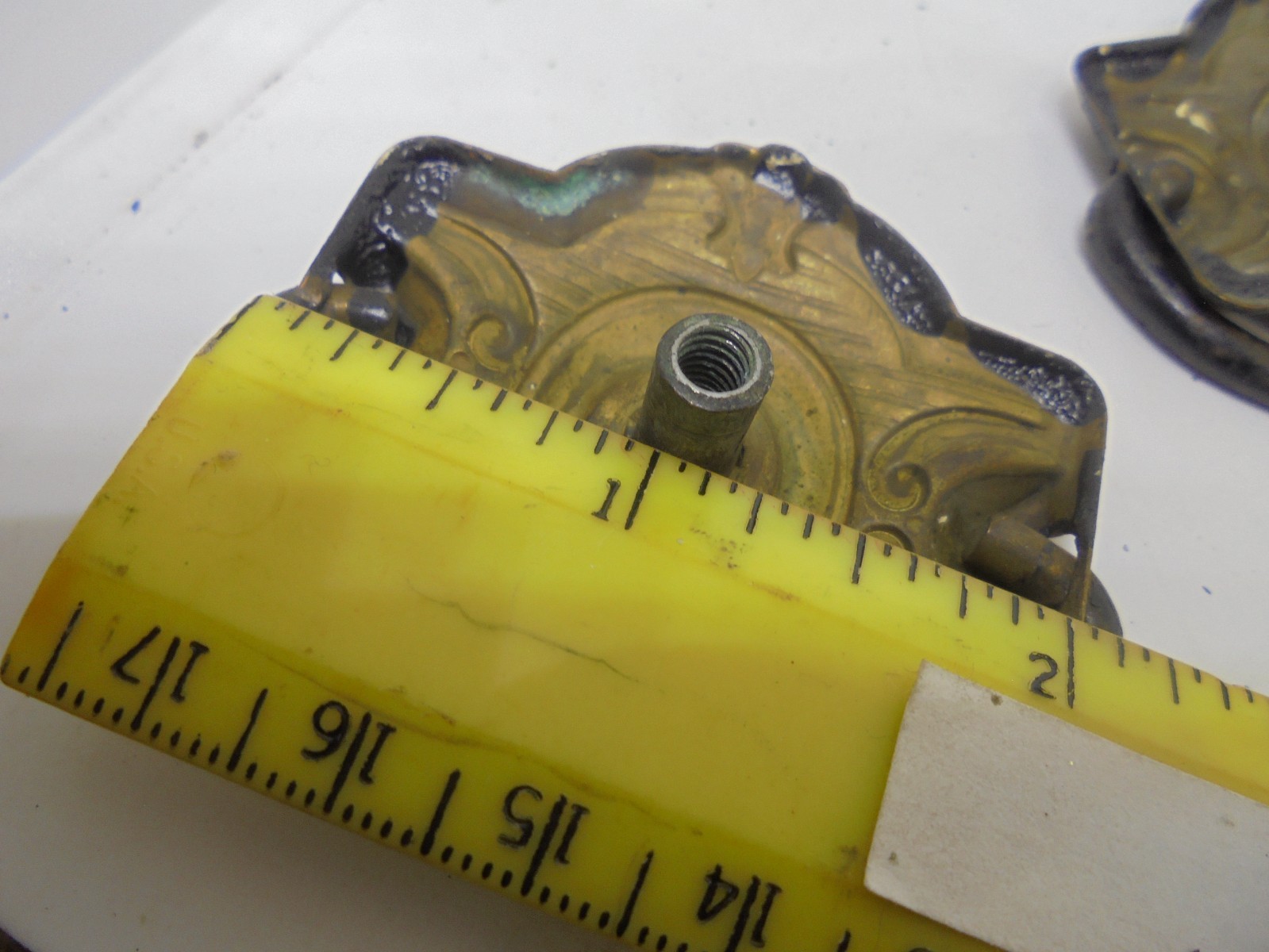 Drawer Pulls Shield Style Stamed Brass Original Patina/Paint
