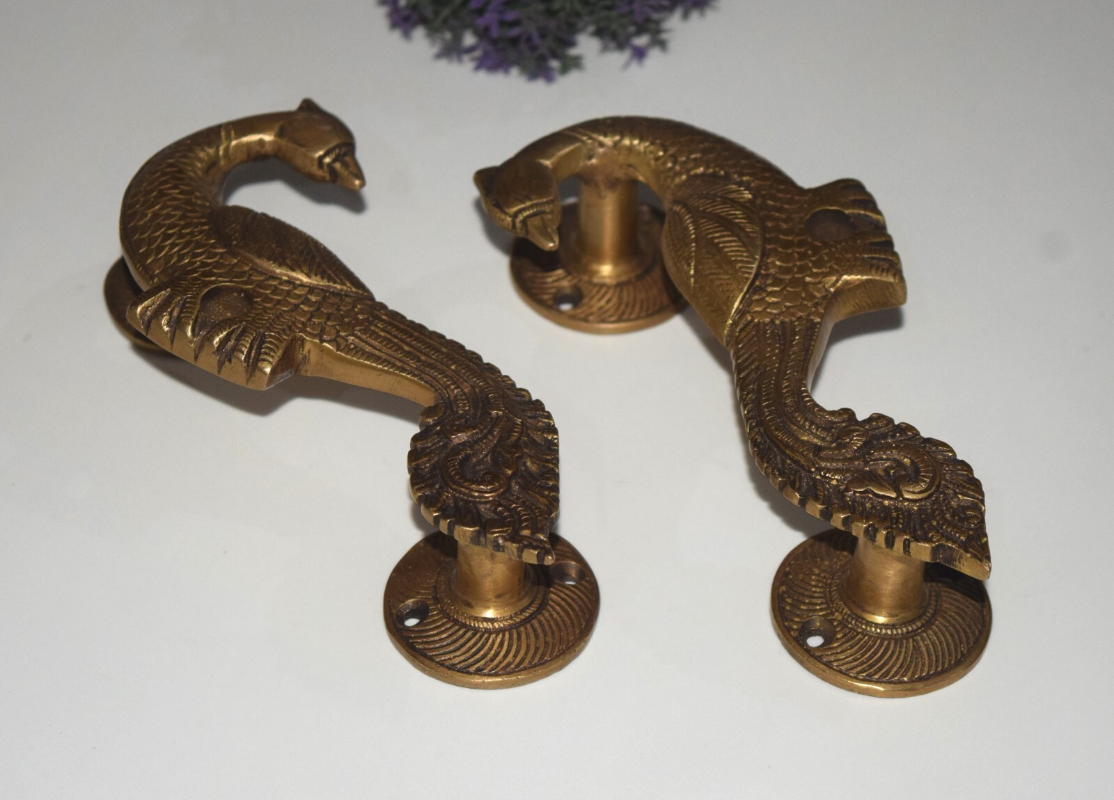 Curved Peafowl Engraved Front Door Puller Luxury Brass Peacock Door Handle HK246
