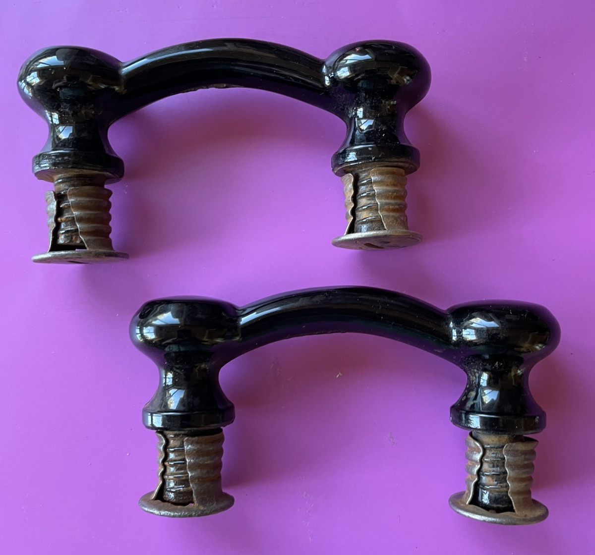 2 Edwardian Eastlake Black Milk Glass Cabinet Pulls w/ Threaded Backs 1920-30s
