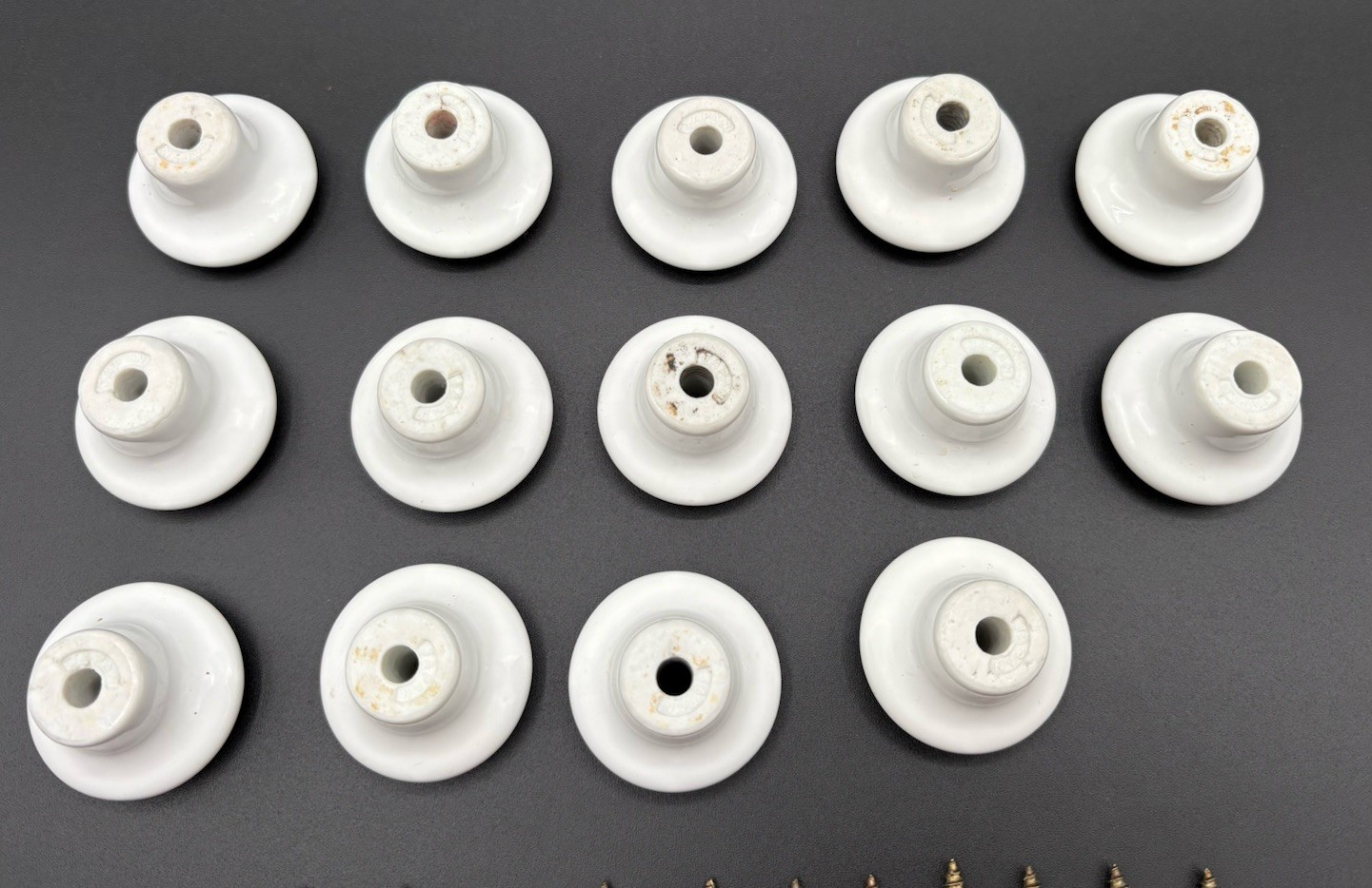 Vintage Japan White Porcelain Drawer Pull Knobs Set 14 w/ Screws Farmhouse