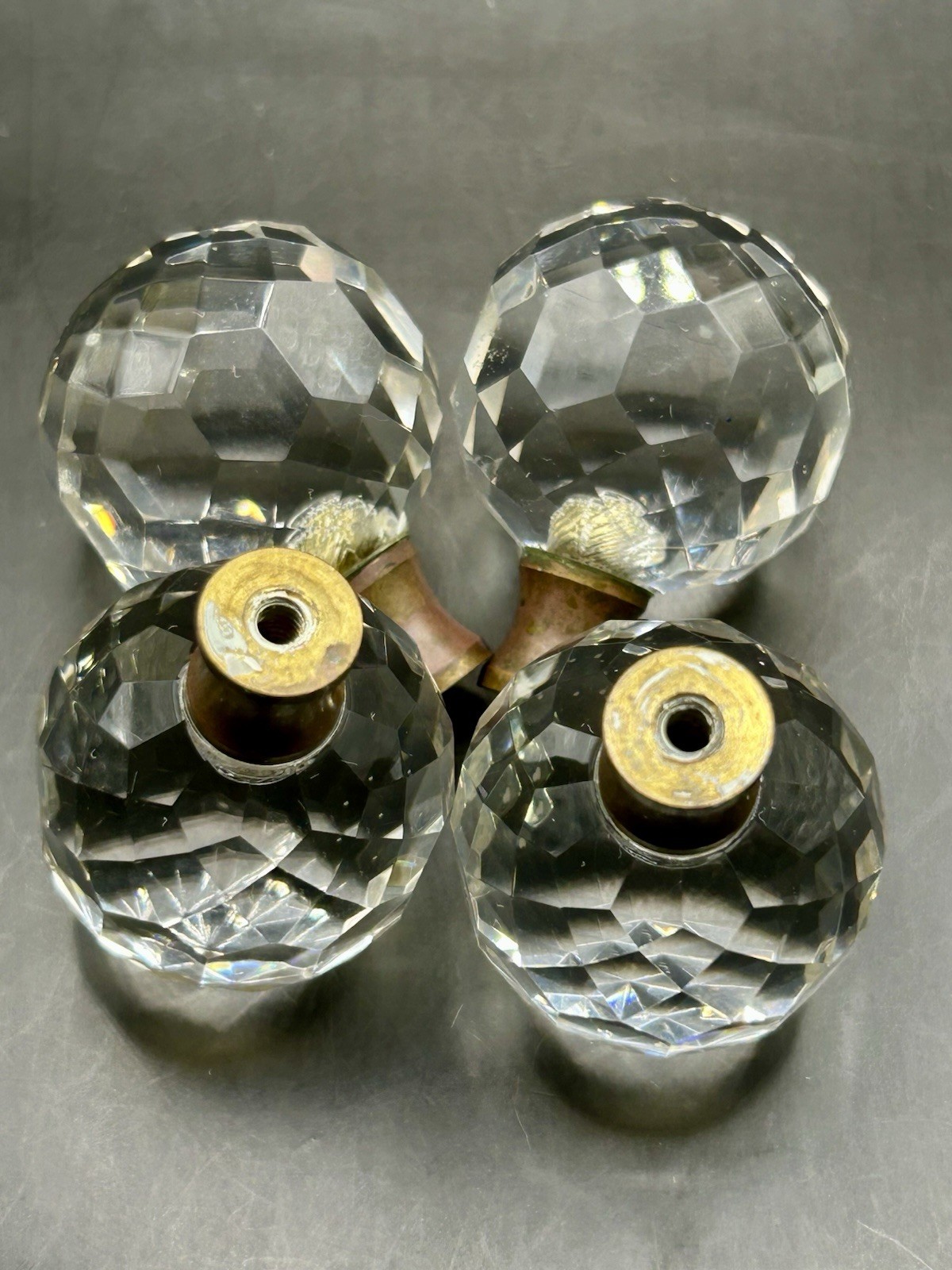 (4) Vintage Round Crystal Faceted Lamp Finials Drawer Pull Knobs/Brass Finish