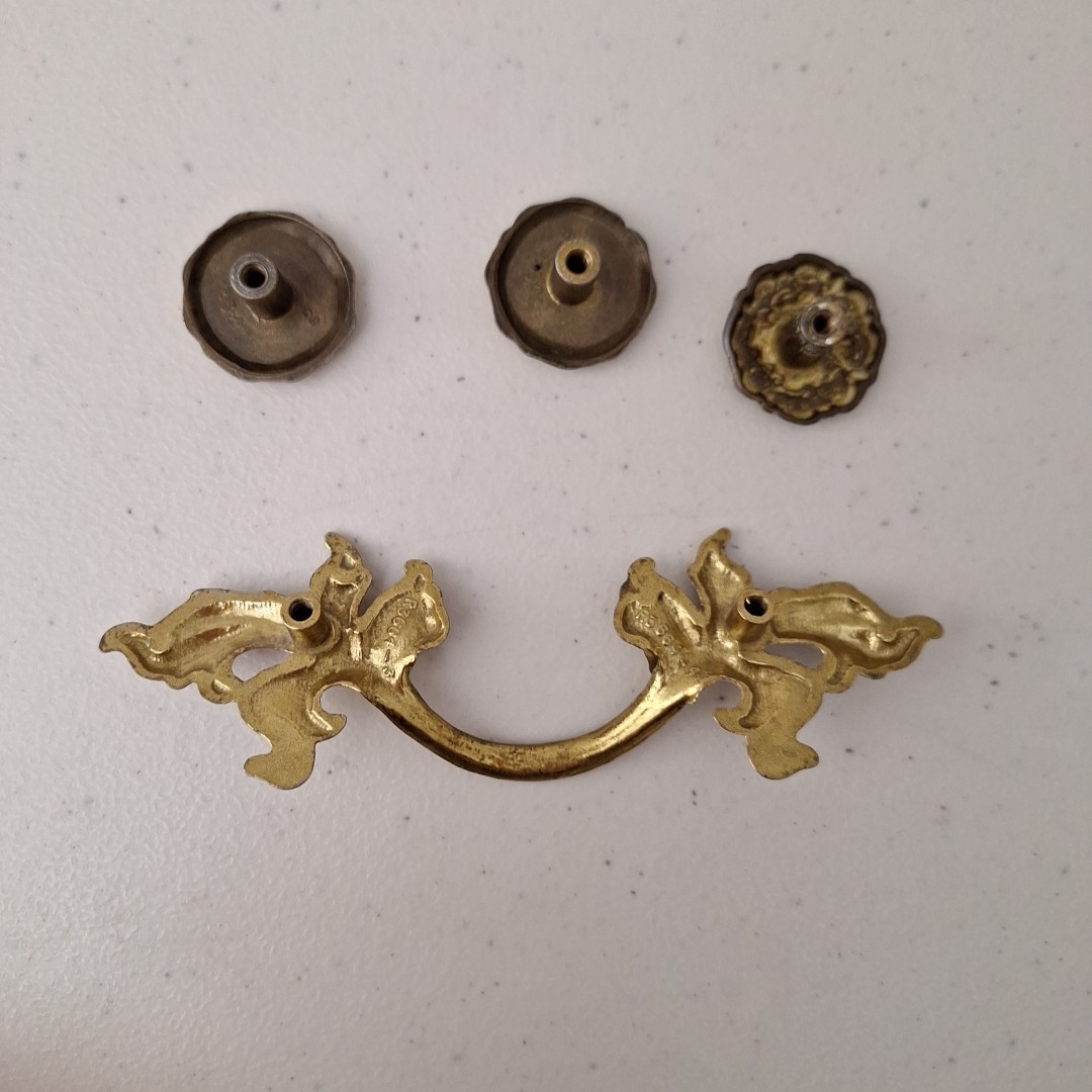 Vintage Antique MCM Ornate Solid Brass Drawer Pulls Door Handles, Set of 3