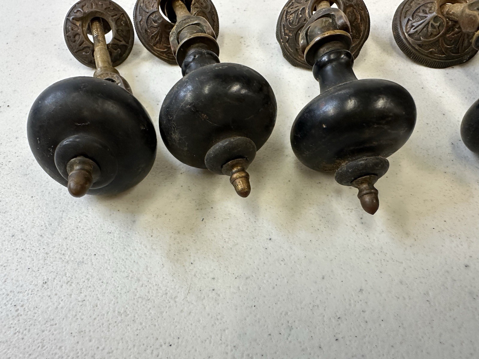 Antique Victorian Eastlake Teardrop Pulls – Set of 6 Black Wood & Ornate Brass