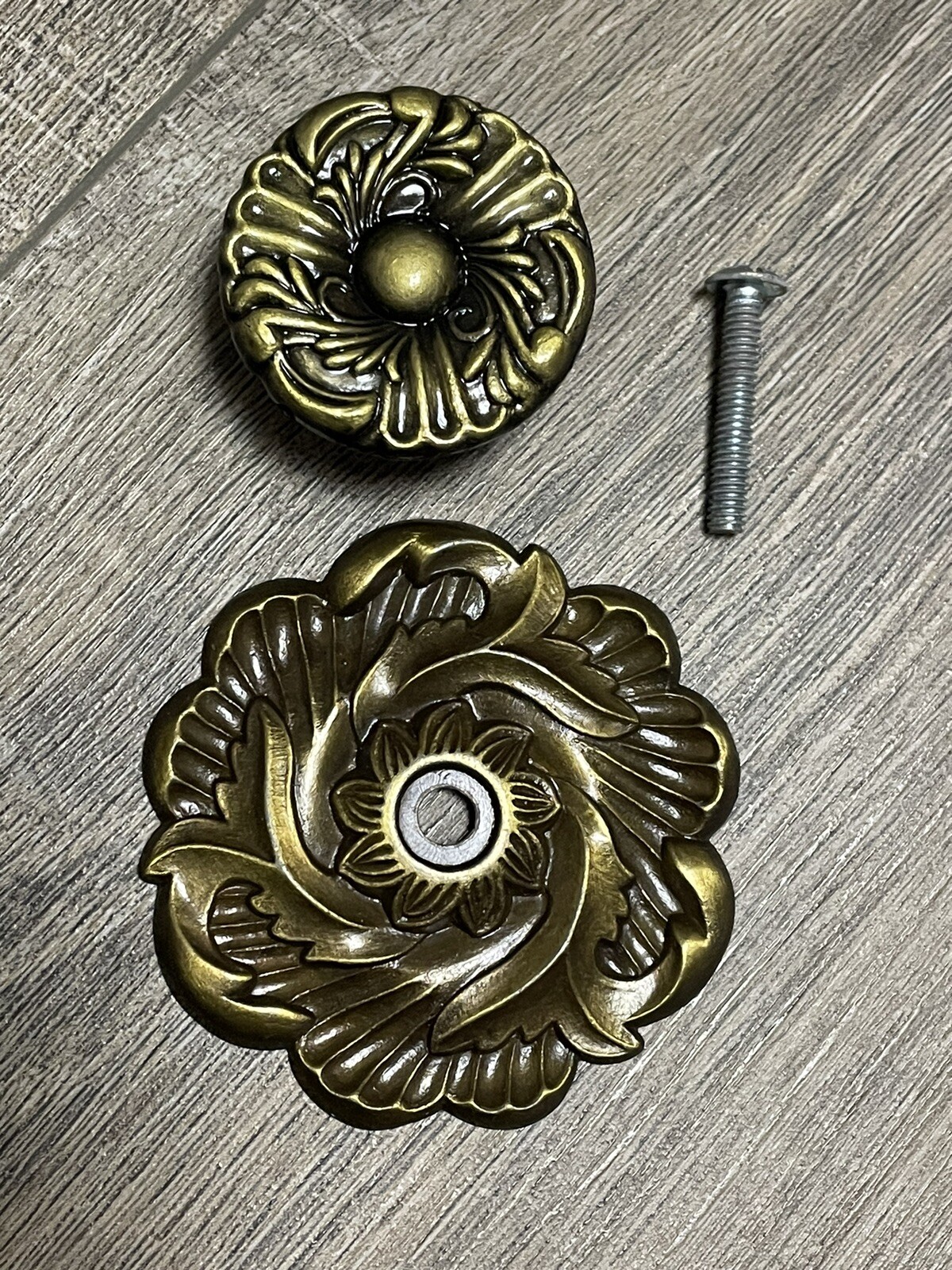 Vtg Two Piece Round Brass Drawer Cabinet Pull Knob Front and Back Plate Taiwan