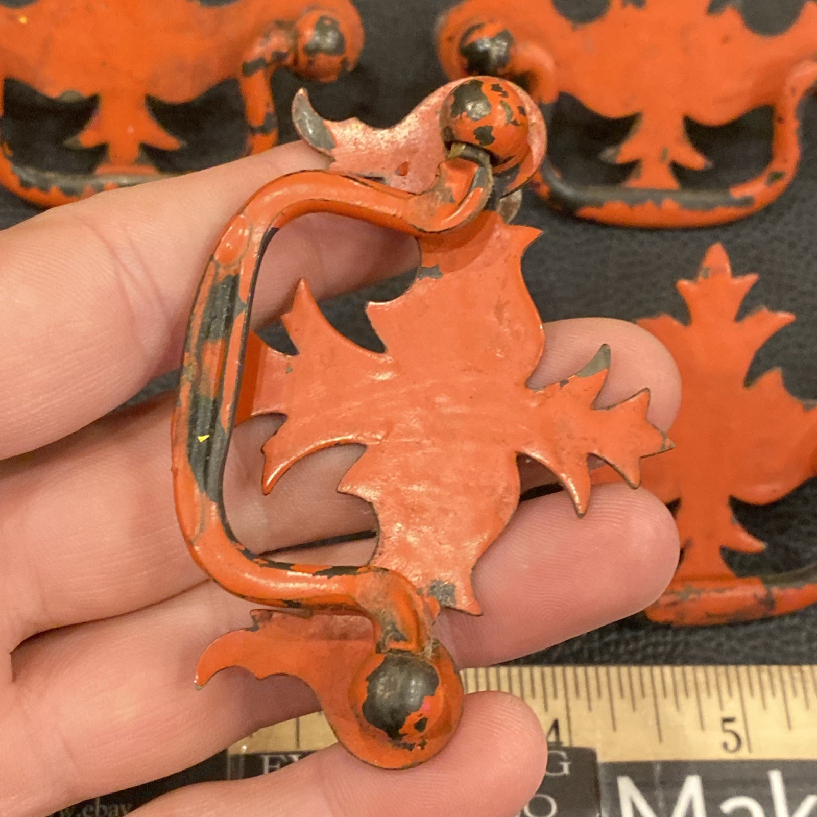 Antique Set Of 7 Chippendale Batwing Drop Style Metal Drawer Pulls Vtg Handles
