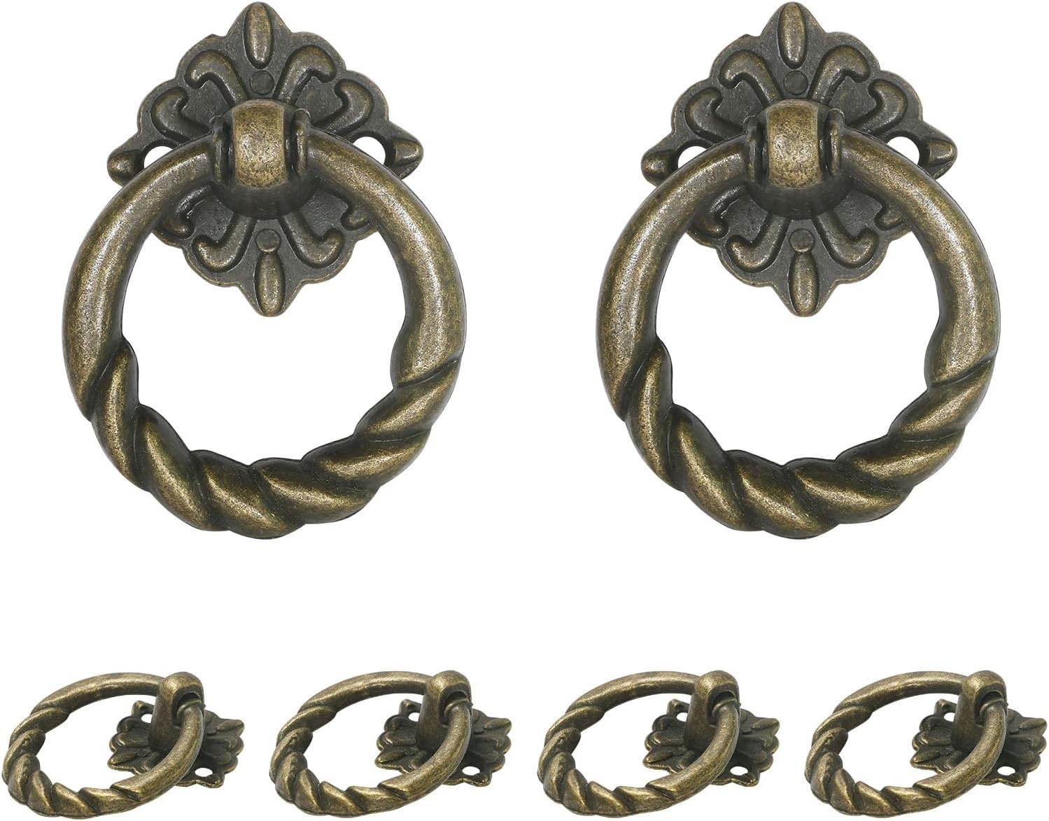 6Pcs Antique Brass Drop Ring Drawer Pulls, Vintage Cabinet Ring Handles, Metal D