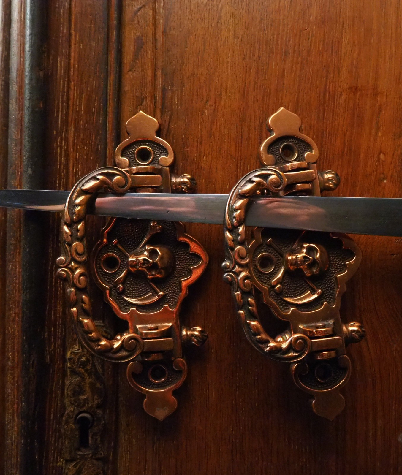 Antique French Lot of 4 Gothic Red Copper look Coffin Handles Skull and Bones B