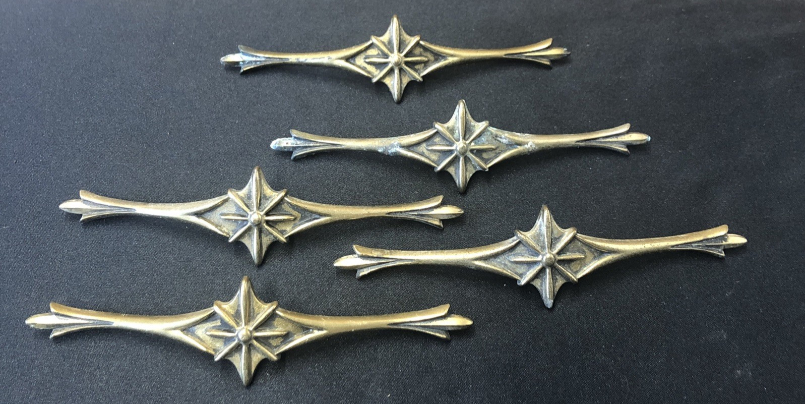 5 Vintage ATOMIC STARBURST MID CENTURY BRASS HANDLES DRAWER PULLS WITH SCREWS