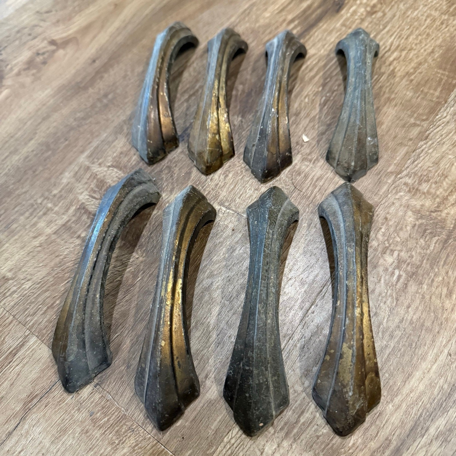 Lot 9 Antique VTG Art Deco 4.5″ Brass Finish Drawer Pulls Aged Patina Waterfall