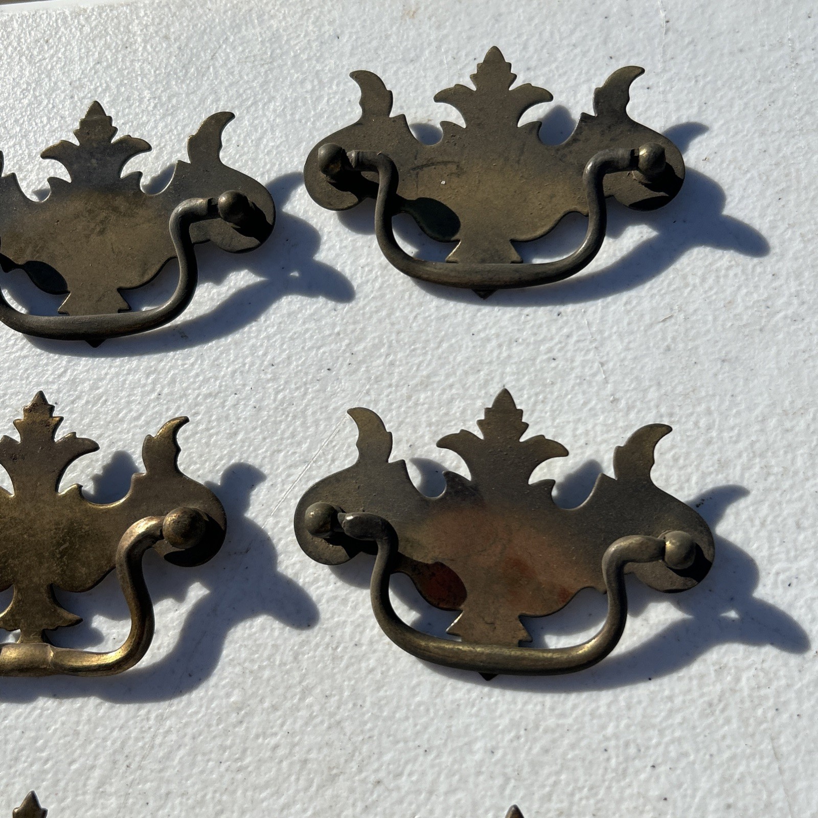 Lot Of 7 Flat Bat Drop Bail Pull Handle Solid Dark Aged Brass 3 3/4” Vintage