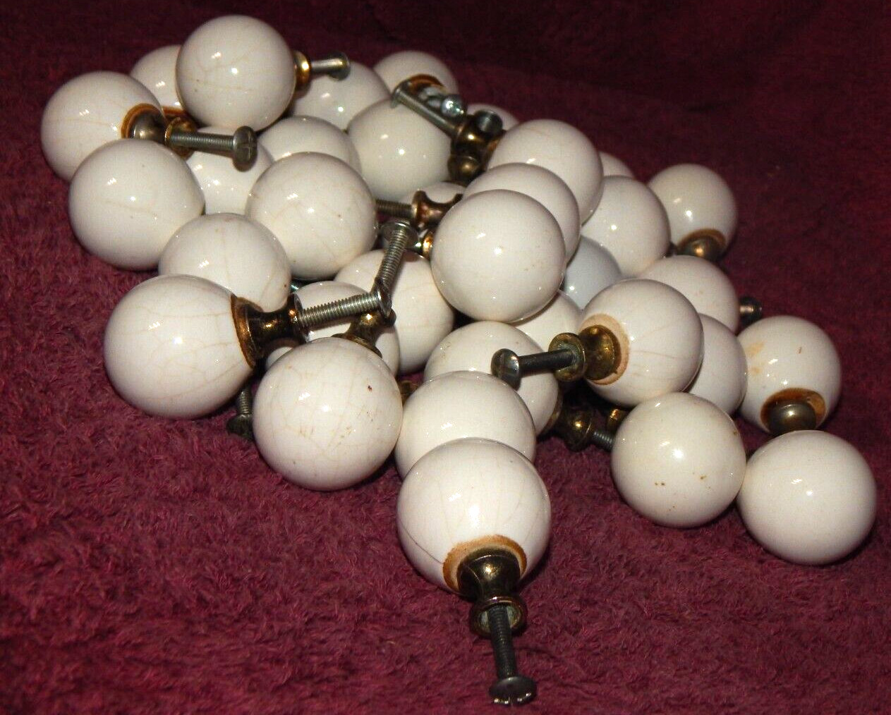 Vintage Porcelain & Brass 1-1/4″ White Round Ball Cabinet Door Drawer Pulls